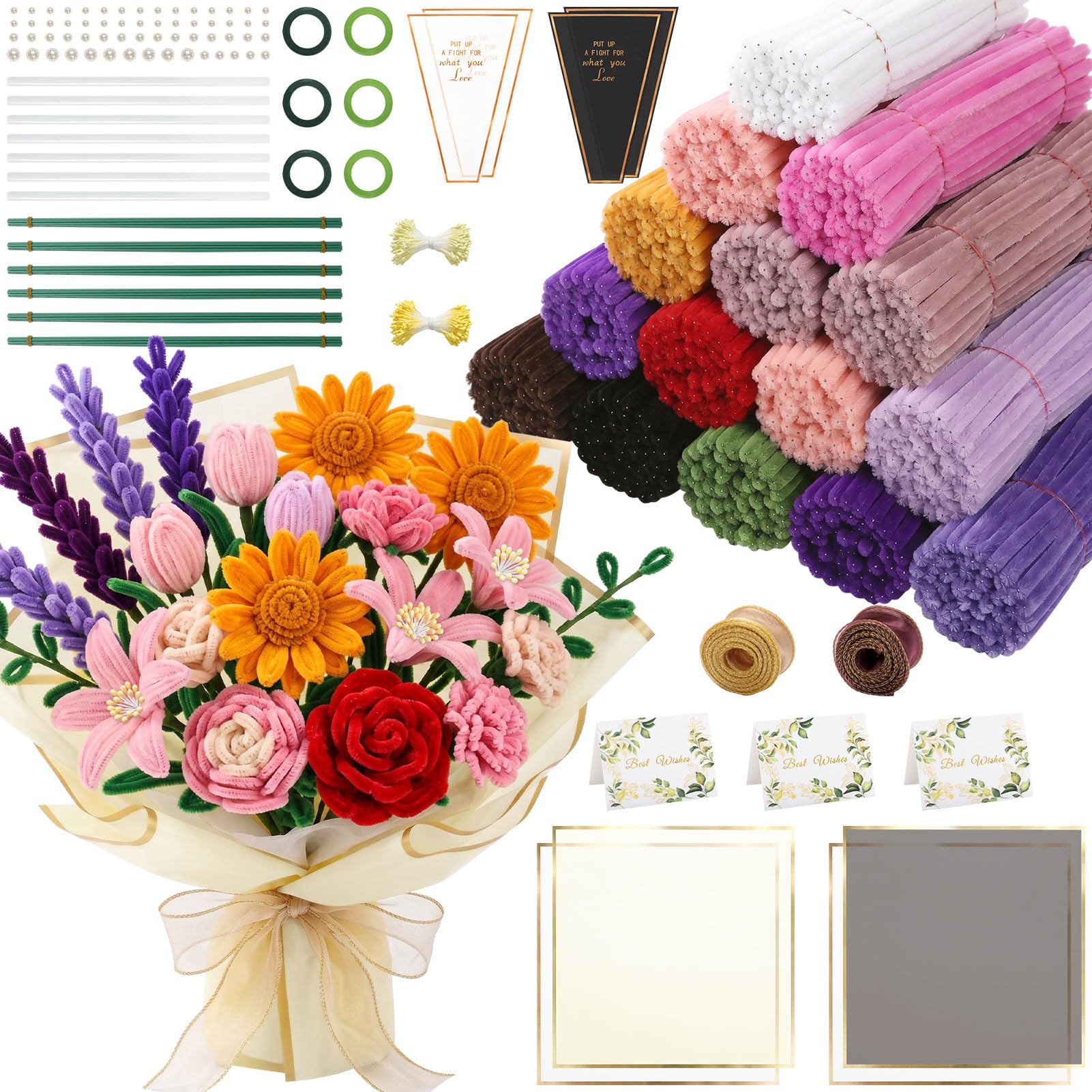 Lot de 1000 cure-pipes à fleurs pour bricolage, 16 couleurs, fil chenille avec fil de fleurs, perles, papier cadeau et accessoires pour décoration de bouquet de fleurs DIY