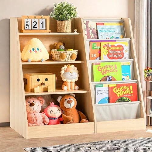 Estantería de madera de 4 niveles para niños pequeños y organizador de almacenamiento de juguetes con cuatro capas para habitación de niños, sala de