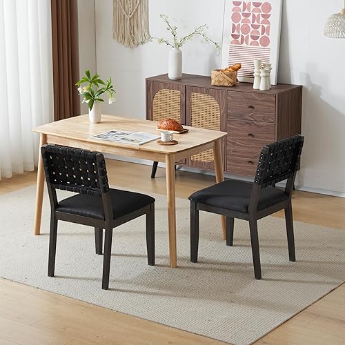 Miniatura 2 de VINGLI Juego de 2 sillas de comedor de madera tejida negra, sillas de escritorio modernas de mediados de siglo con remaches y clavijas para los