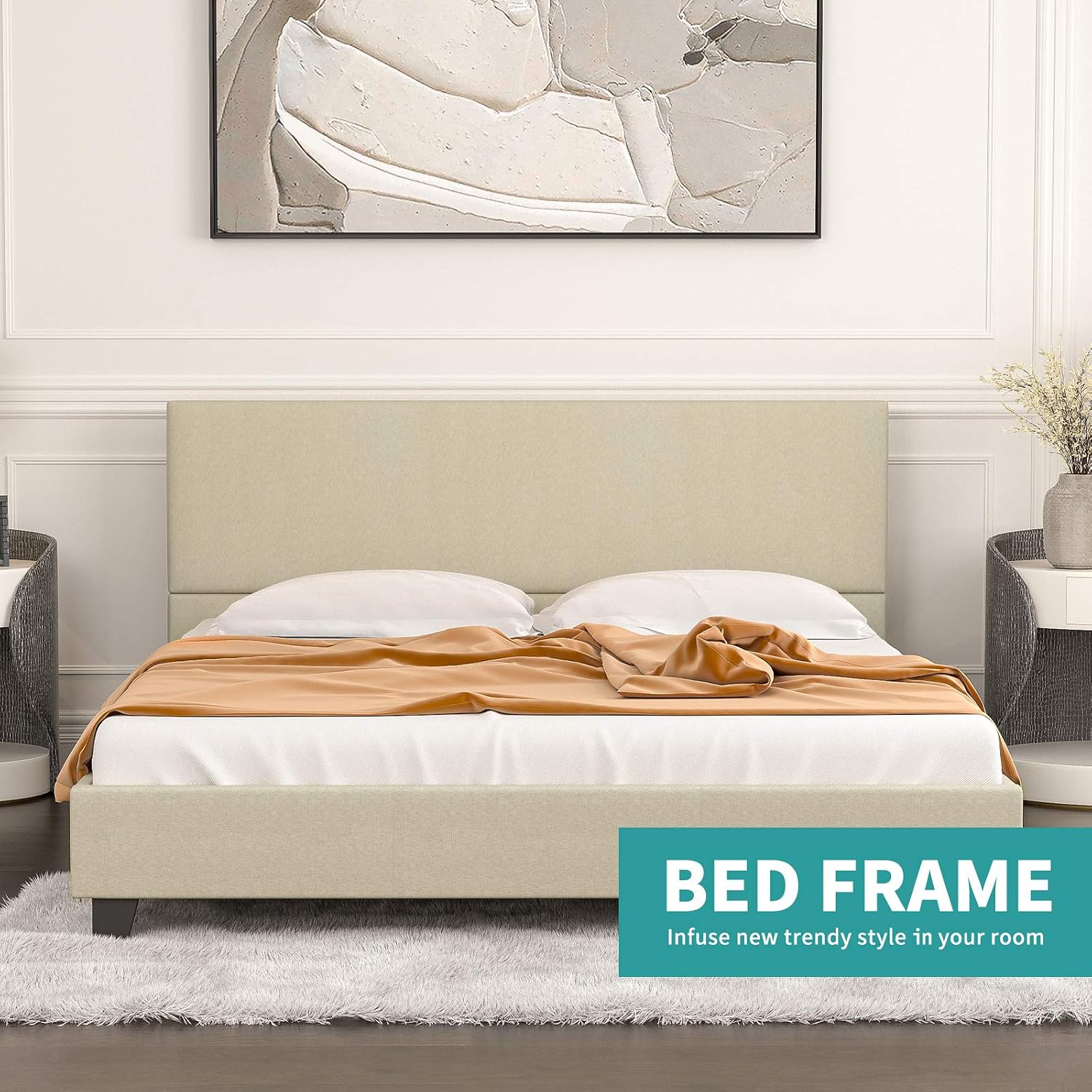 mecor Upholstered Linen Full Size Platform Bed Metal Frame, Mattress Foundation with Wooden Slats Support, No Box Spring Needed - Full, Beige