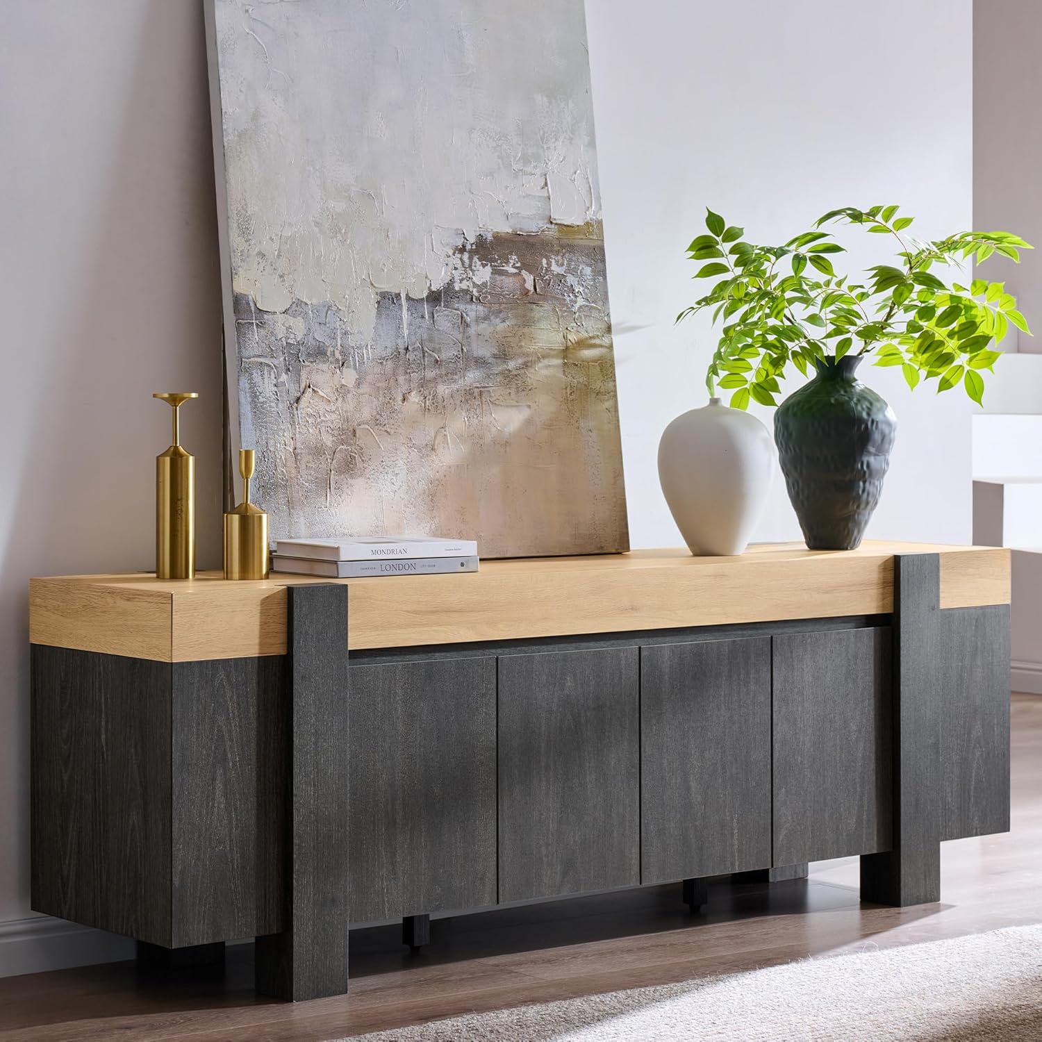 OKD Modern Farmhouse TV Stand, 70" Long Media Console Table with Storage Cabinet, Wooden Entertainment Center for Living Room, Natural Oak with Dark Alder