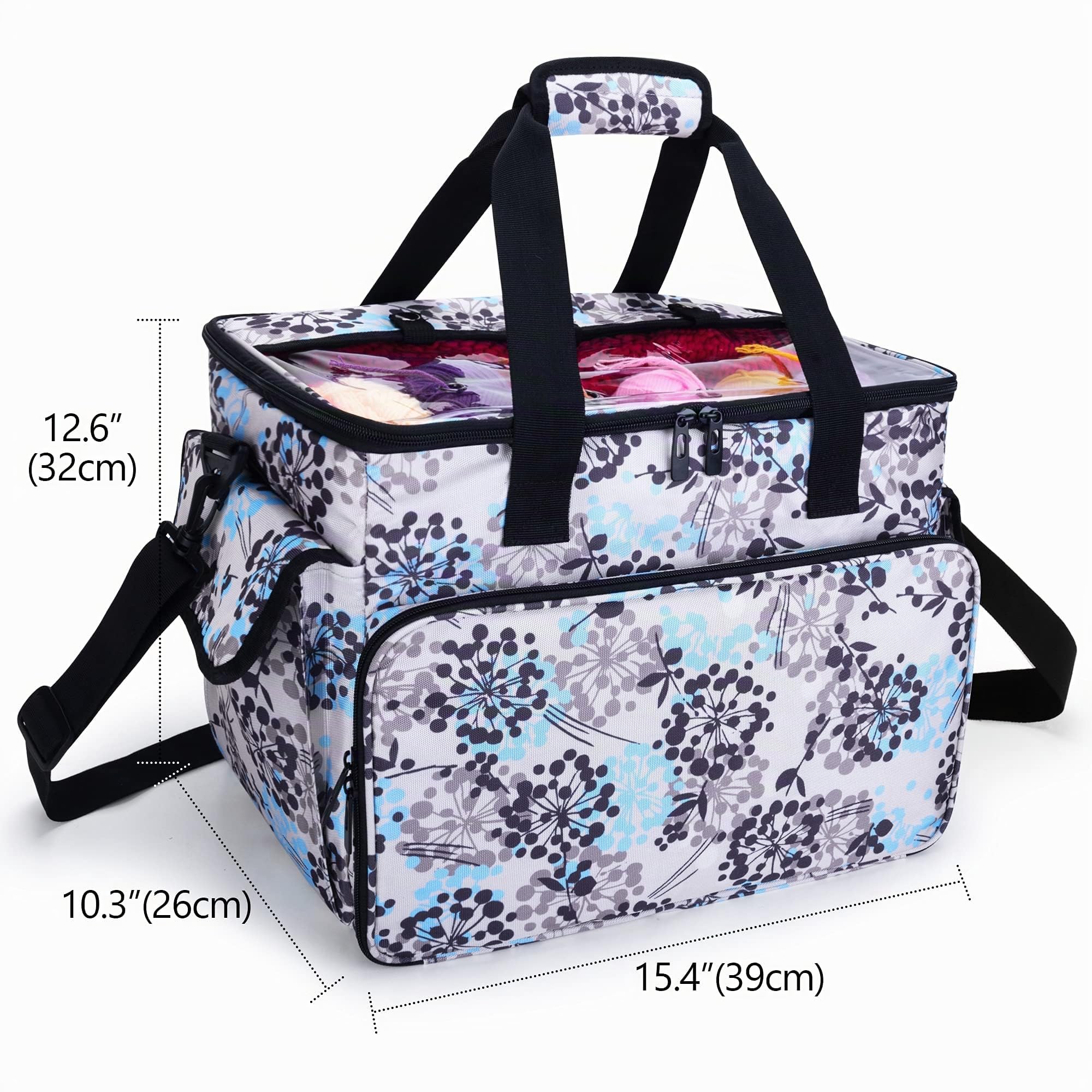 CURMIO Borsa per Lavoro a Maglia con Coperchio Trasparente, Dente di Leone | Organiser per Aghi / Uncinetto/ Ferri, Scomparti Multipli, 4 Occhielli, Tracolla Rimovibile, Senza Accessori Inclusi