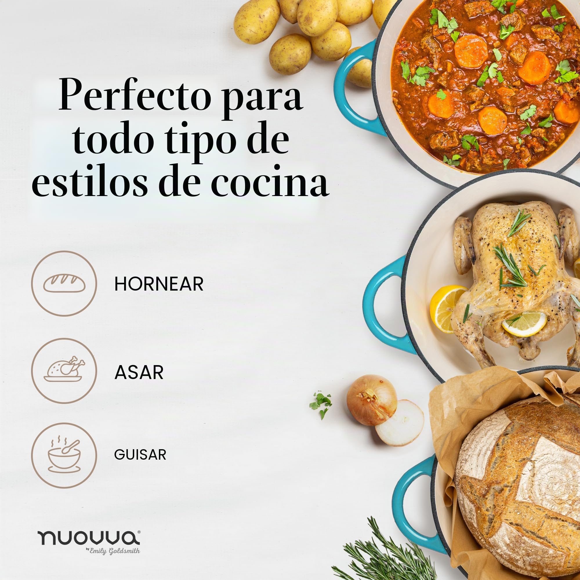 Cazuela de Hierro Fundido con Tapa – Esmaltada, Antiadherente, Apta para Horno hasta 500° F – Ollas Holandesas Robusta – Azul, 6.4 Cuartos, 28cm – por Nuovva