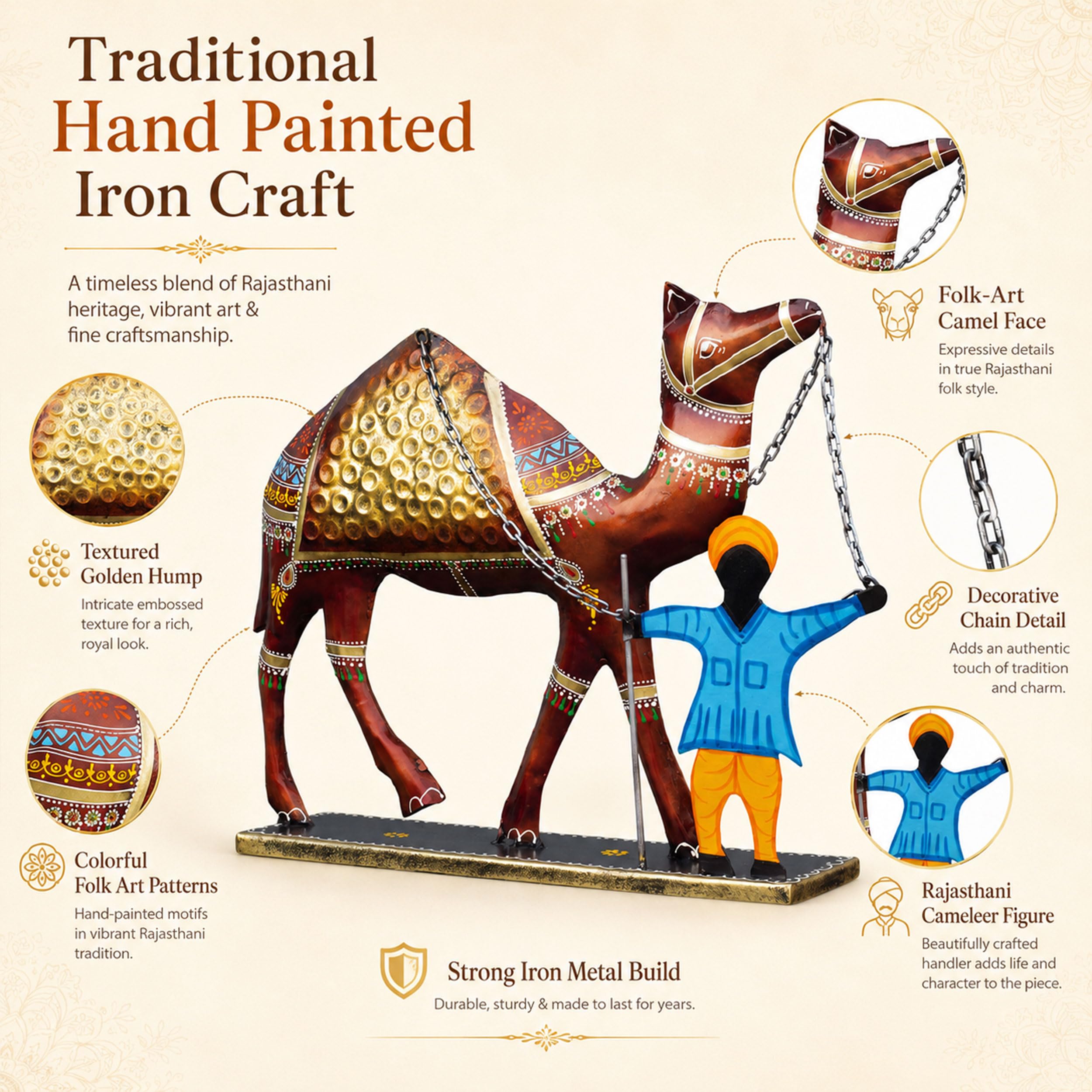 Rajasthani Camel Showpiece with Handler for Home Decor | Large 20 Inch Iron Metal Desert Art Statue for Living Room Office Hotel Restaurant Reception Desk Ethnic Gift — photo — 3 of 8