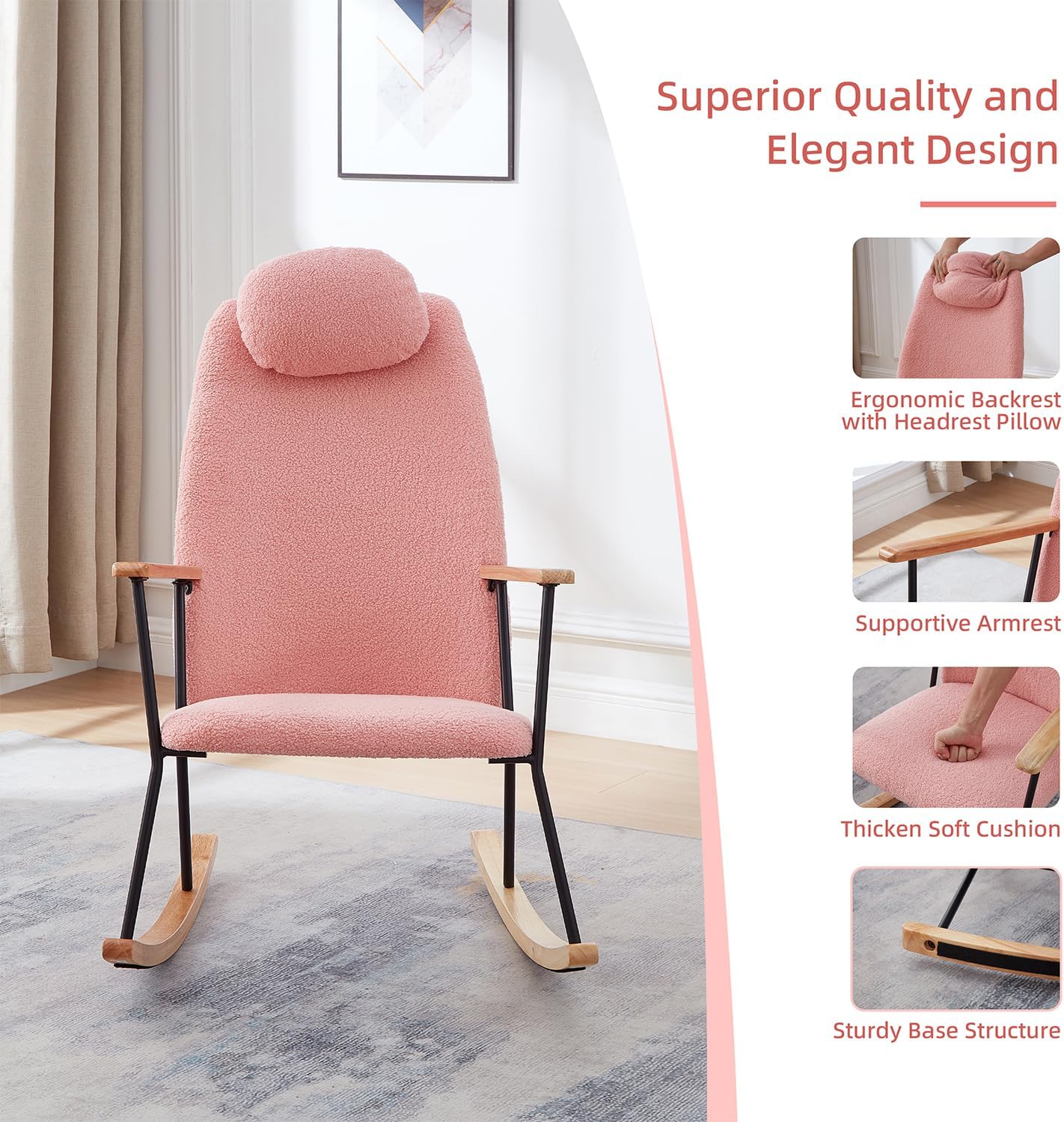 Adjustable Headrest Pillow Rocking Chair Upholstered Glider Rocker Accent Chair Padded Seat with High Backrest Comfy Armchair for Living Room Bedroom Offices (Pink+Teddy)
