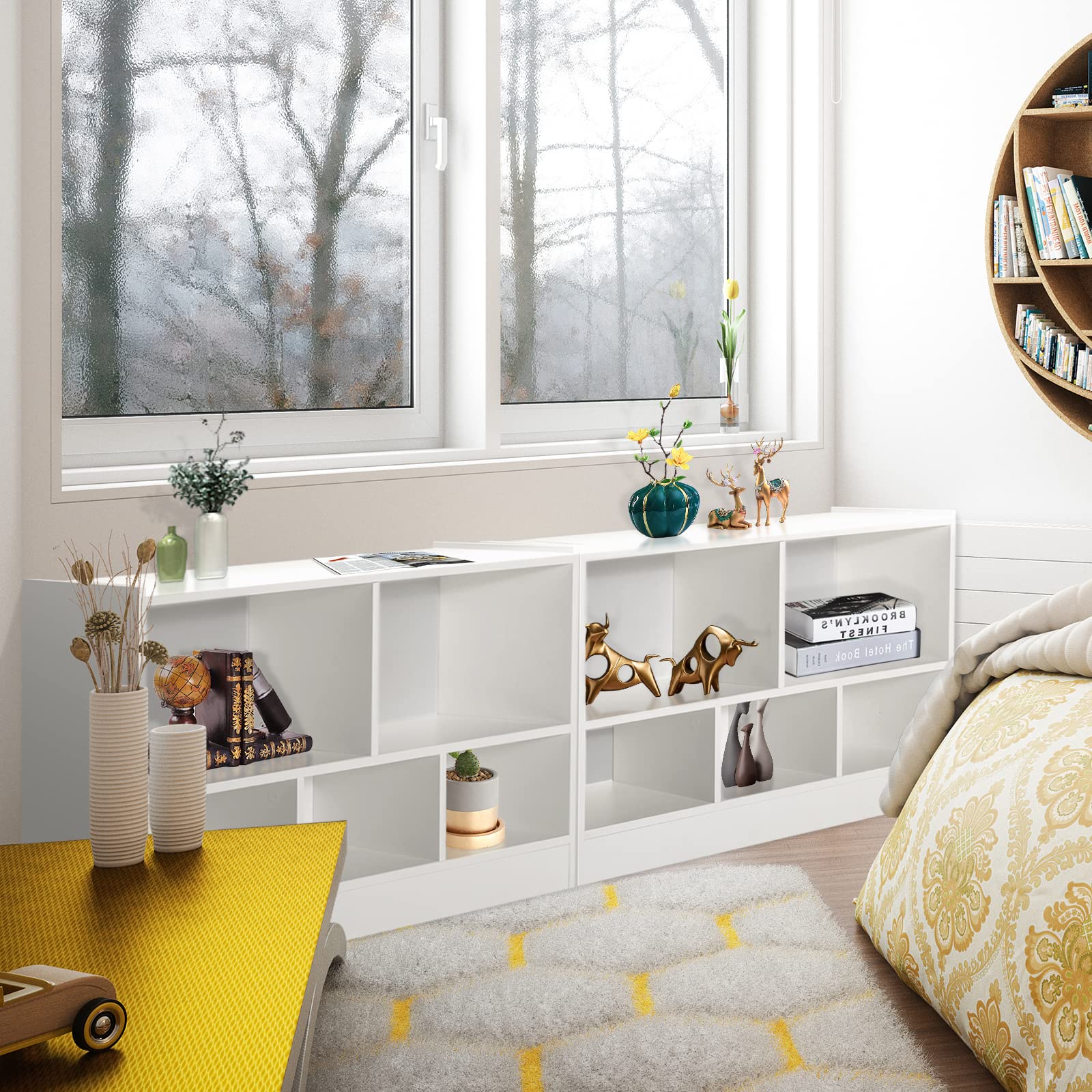 HOMASIS Scaffale per Bambini a 2 Livelli con 5 Scomparti, Libreria per Bambini in Legno, Armadietto Aperto per Stanza dei Giochi, Camera da Letto, Salotto, Aula, 111 x 30 x 61,5 cm (Bianco)