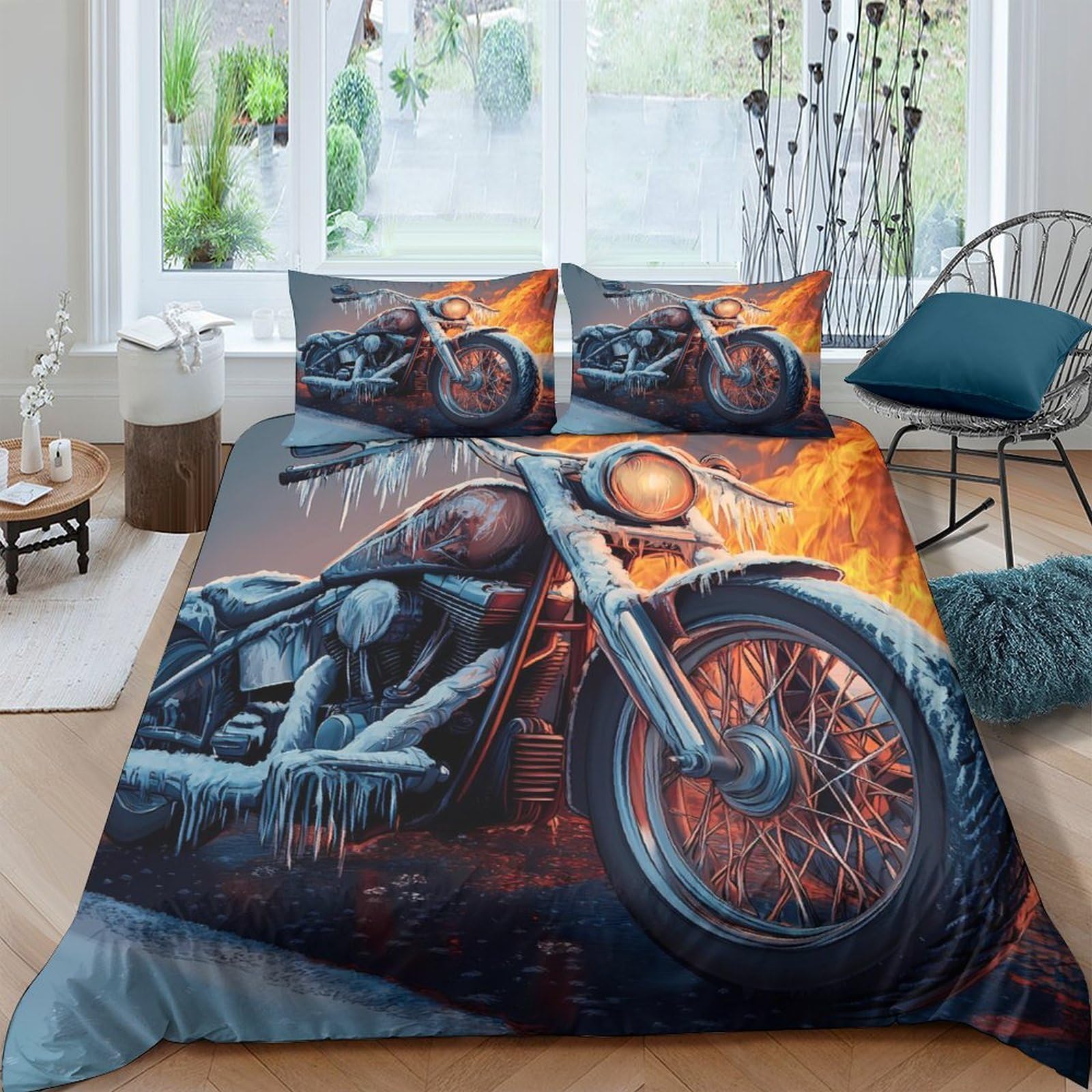 GPLZQXKJNH 3D Printed Motorcycle Fire Duvet Cover Microfiber Soft Breathable Racing Bedding Set with 2 Pillowcases for Bedroom Decor Single（135x200cm）