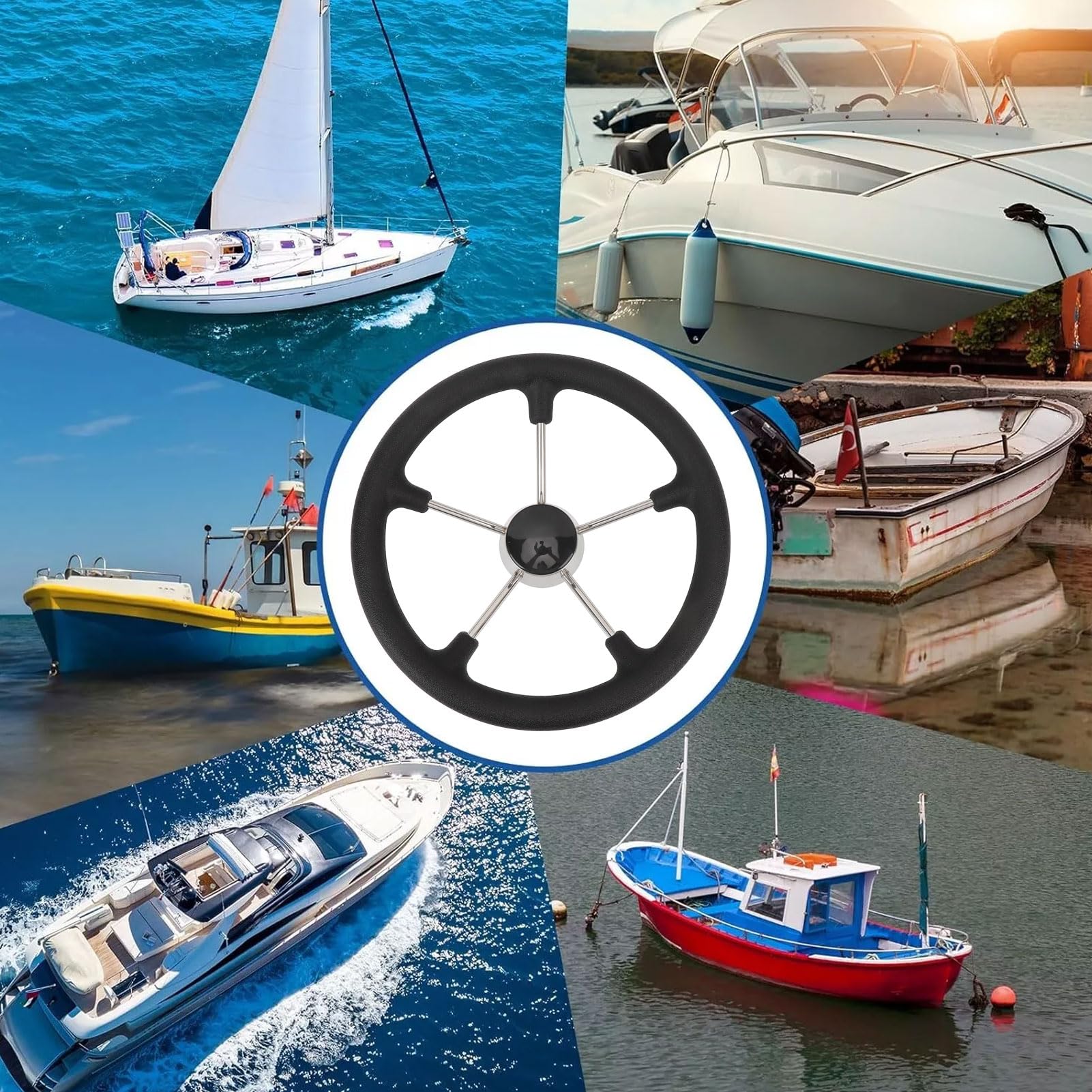 5‑Speichen-Steuerungsrad aus Edelstahl für Boote, Marine-Steuerungsrad mit PU-Schaumgriff und Mittelkappe, 13,5 Zoll Durchmesser, geeignet für Yachten, Schnellboote und Schiffe