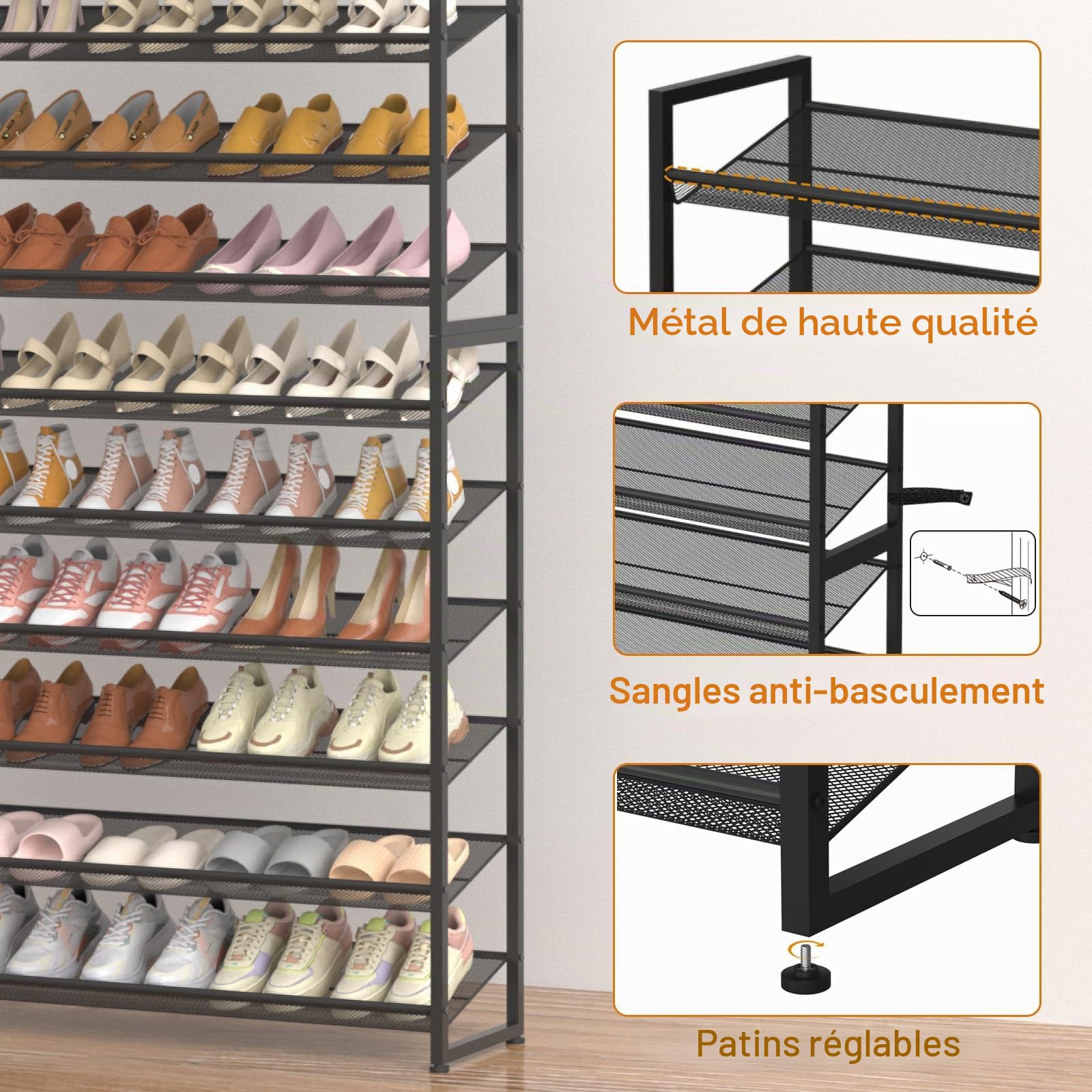 Grande étagère à chaussures à 12 niveaux, en métal robuste, empilable, étagère à chaussures verticale à 6 niveaux, pour placard, porte d'entrée, jusqu'à 75 paires, 113,8 x 29 x 216,2 cm (l x P