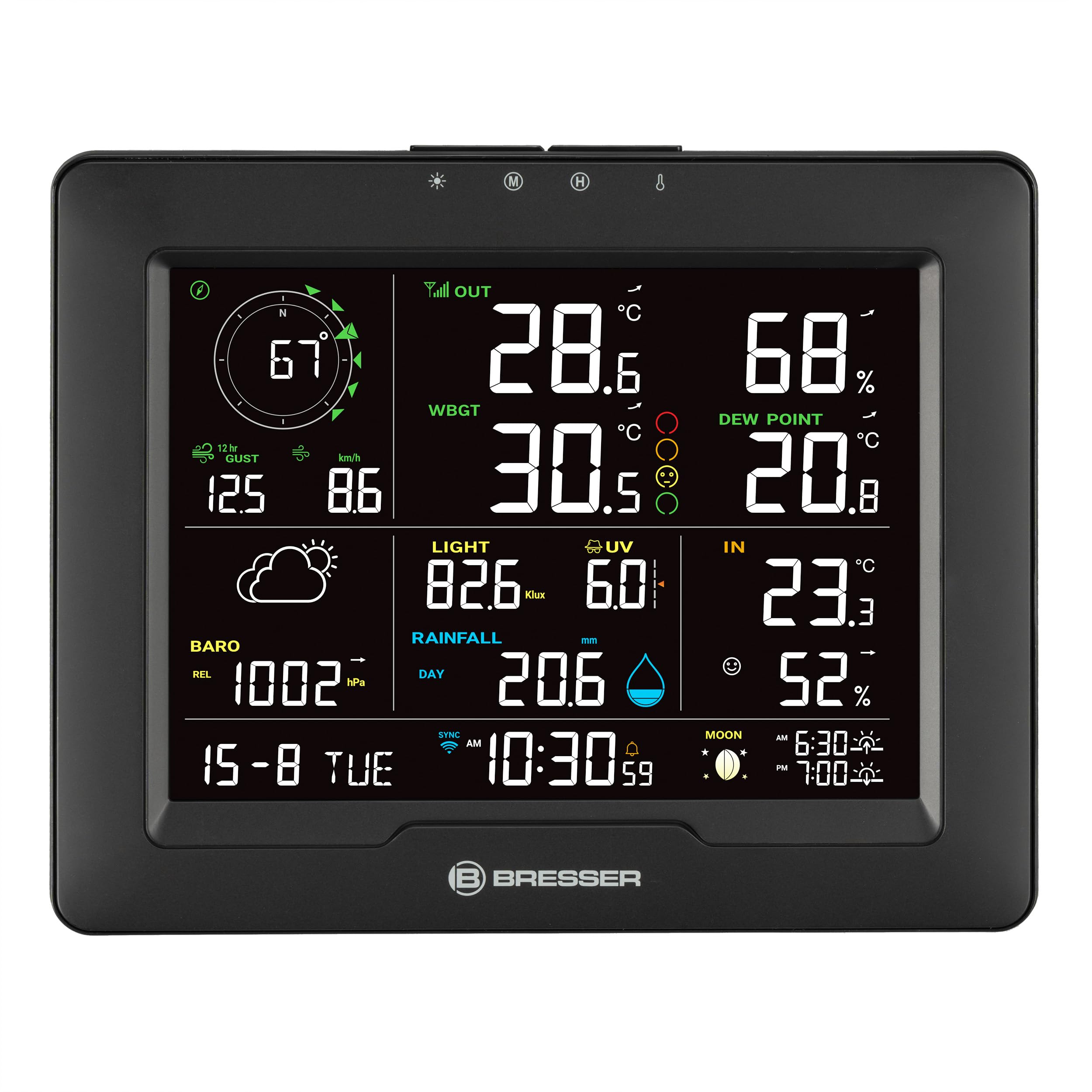 Bresser WLAN Wetterstation 8-in-1 mit Außensensor, WBGT-Hitzestress-Index, UV, Regen, Wind, Licht, WLAN, App-Steuerung, Raumklima, Wecker, Frostwarnung, schwarz | Innentemperatur und Außentemperatur, Luftfeuchtigkeit, Regenmesser, Windmesser, Wettervorher
