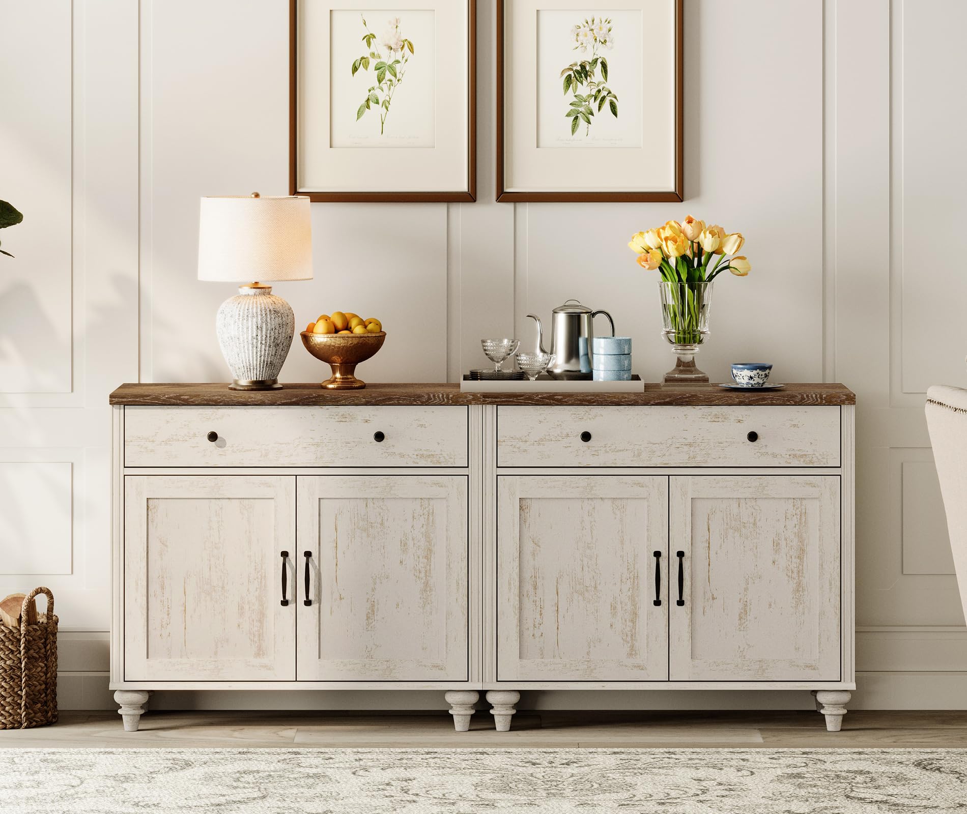 WAMAPT Modern Buffet Cabinet with 4 Doors and 2 Drawers, Large Coffee Bar Table Wood Kitchen Storage Cabinets, Farmhouse Sideboard Credenza for Dining Room, Rustic White