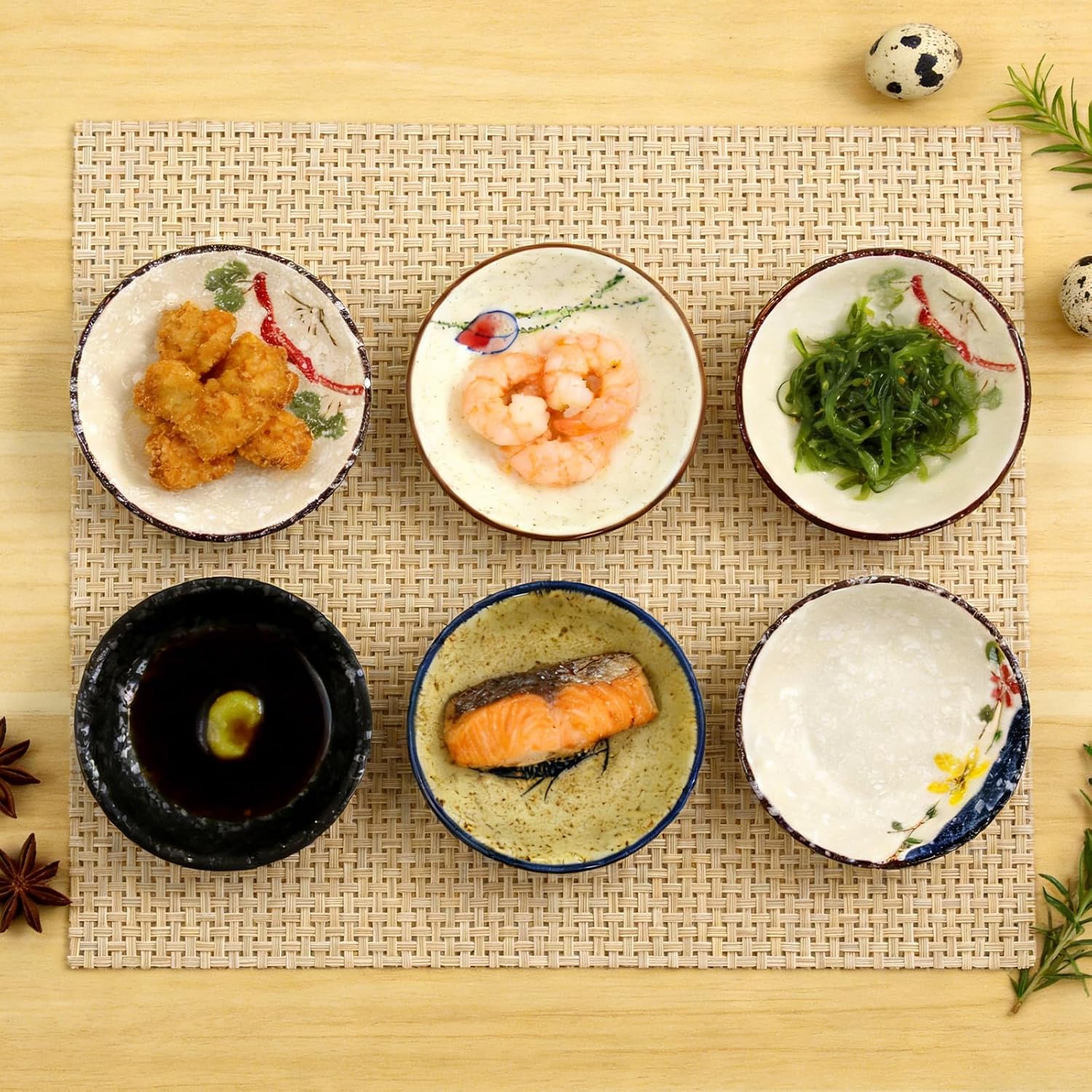 6 Pieces Japanese Sauce Dishes, 2 Oz Round Ceramic Dipping Bowl Set, Small Condiment Plates for Sushi, Appetizers, Snacks and Kitchen Use, Multicolor Assortment