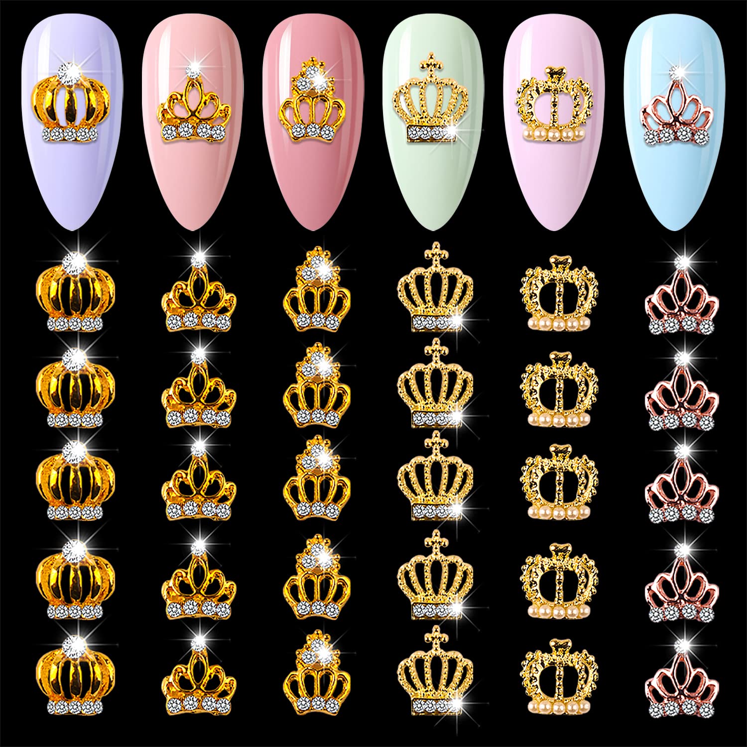 SILPECWEE 30pcs Crown Nail Charms Hollow Alloy Nail Jewels Nail Rhinestone Crystal Nail Diamond Charms for Nails 3d Nail Art Charms Nail Decoration for Nail Art Accessories
