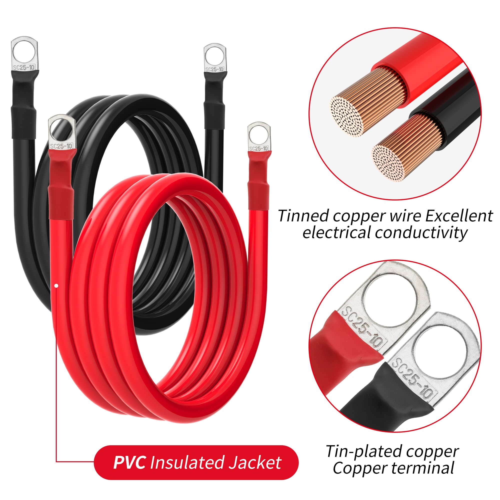 Battery Connection Cable 8/6/4 AWG 10/16/25mm2 Copper Wire with Lugs