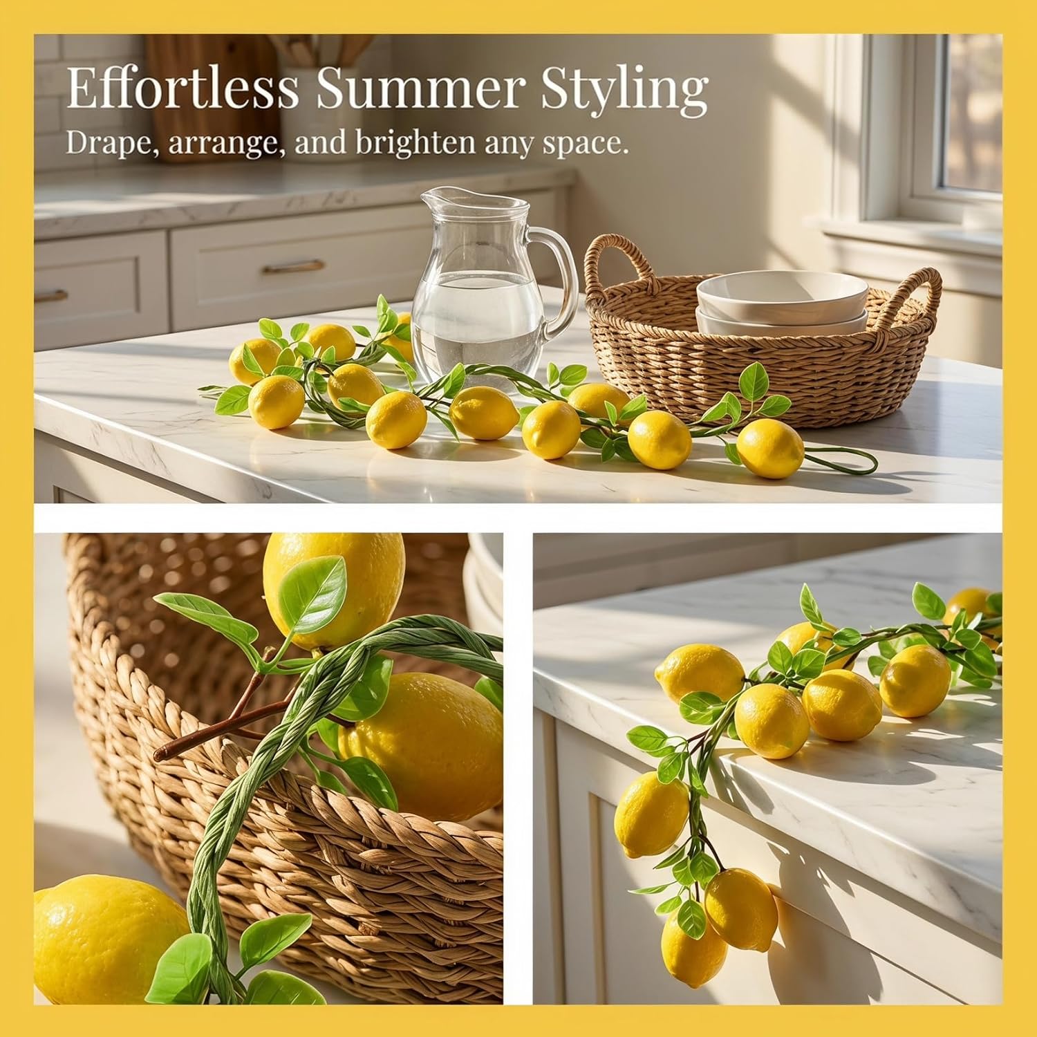 Artificial Lemon Garland, 8 Pcs Fake Lemon String with Green Leaves