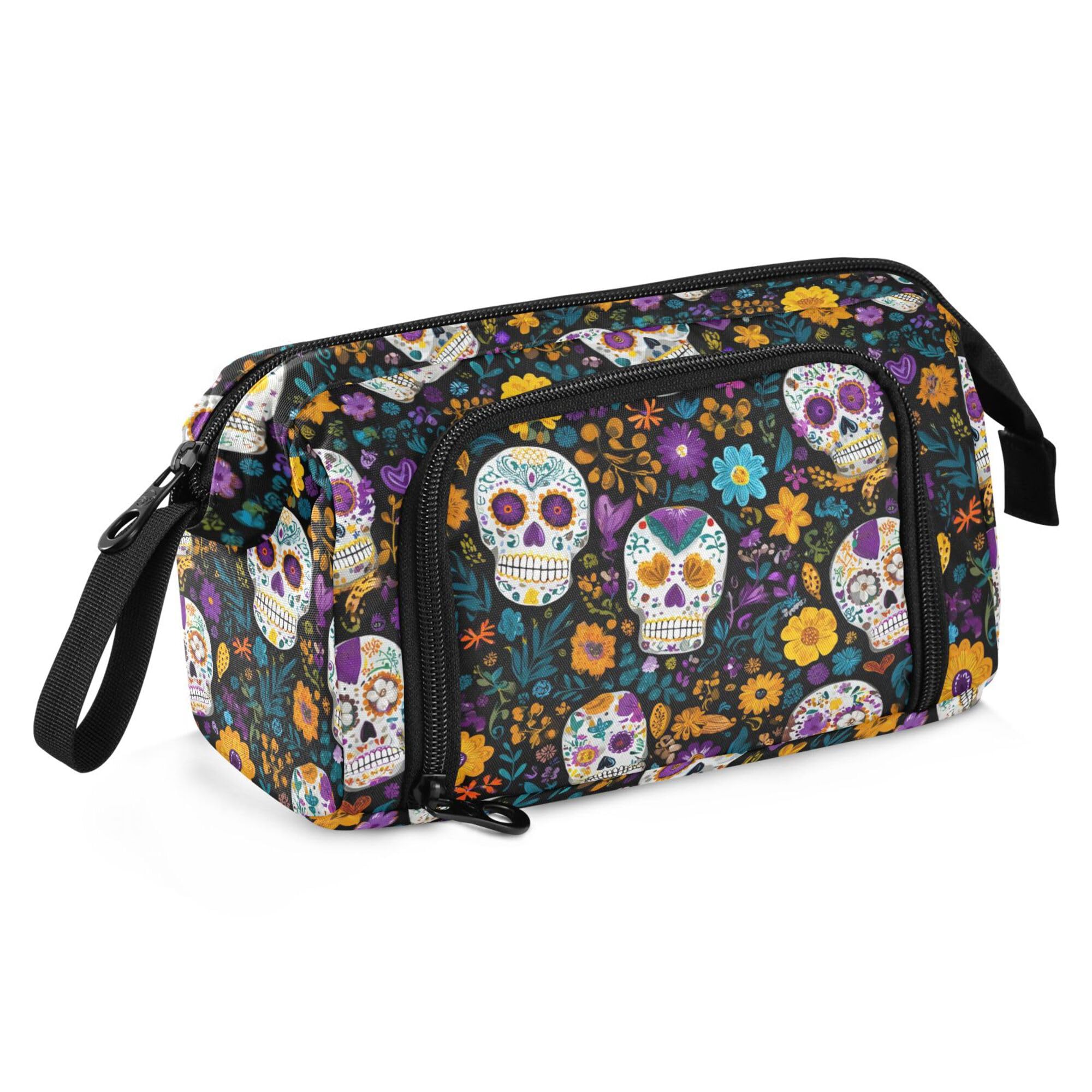 Fisyme Flower Sugar Skull Pencil Case Large Capacity Pencil Pouch Pen Bags Box Big Makeup Pencil Case Organizer