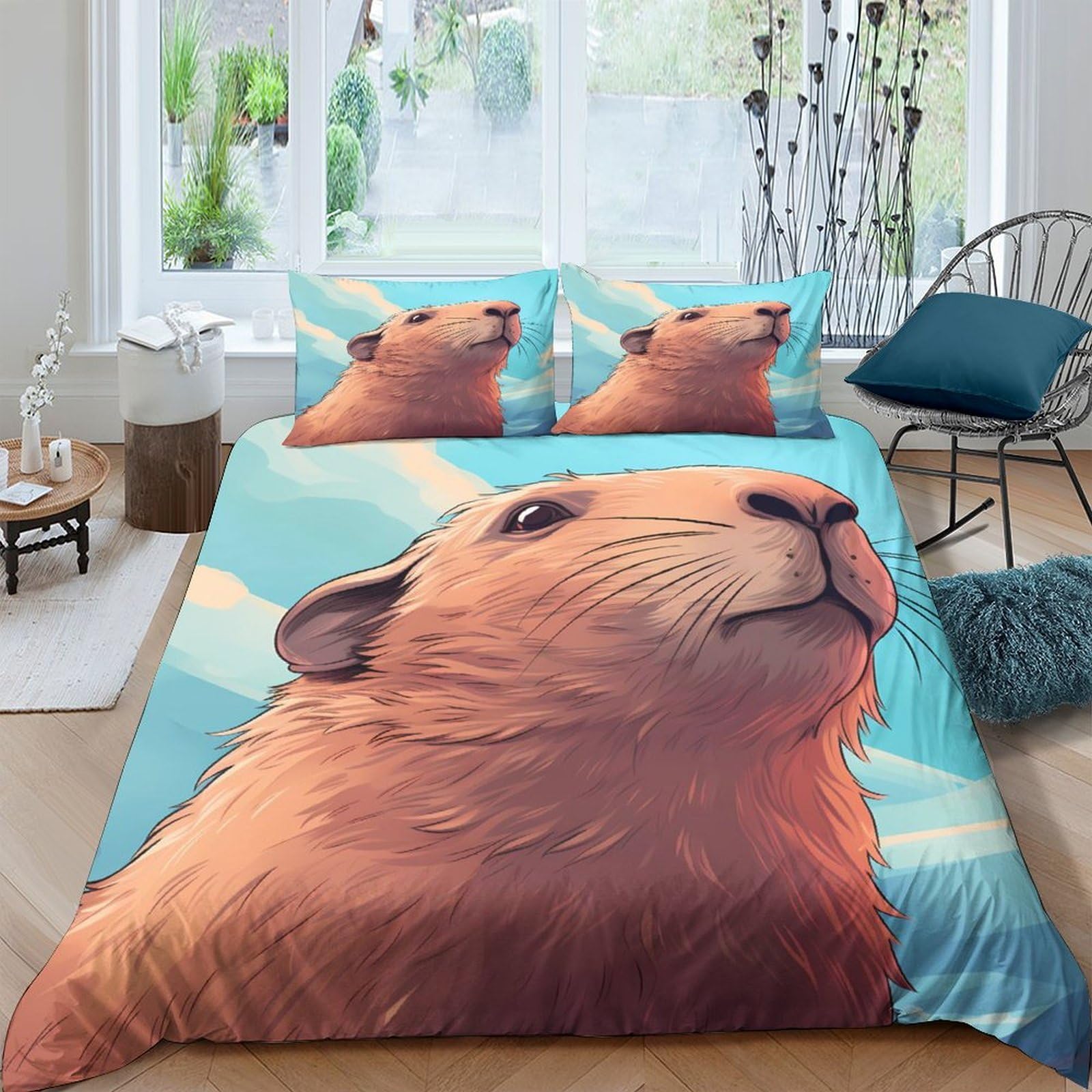 Ctjqhvkz Style-10 3D Printed Capybara Animal Art Fitted Sheet Microfiber Soft Blue Cartoon Mattress Cover Bedroom Decor Single（135X200cm）