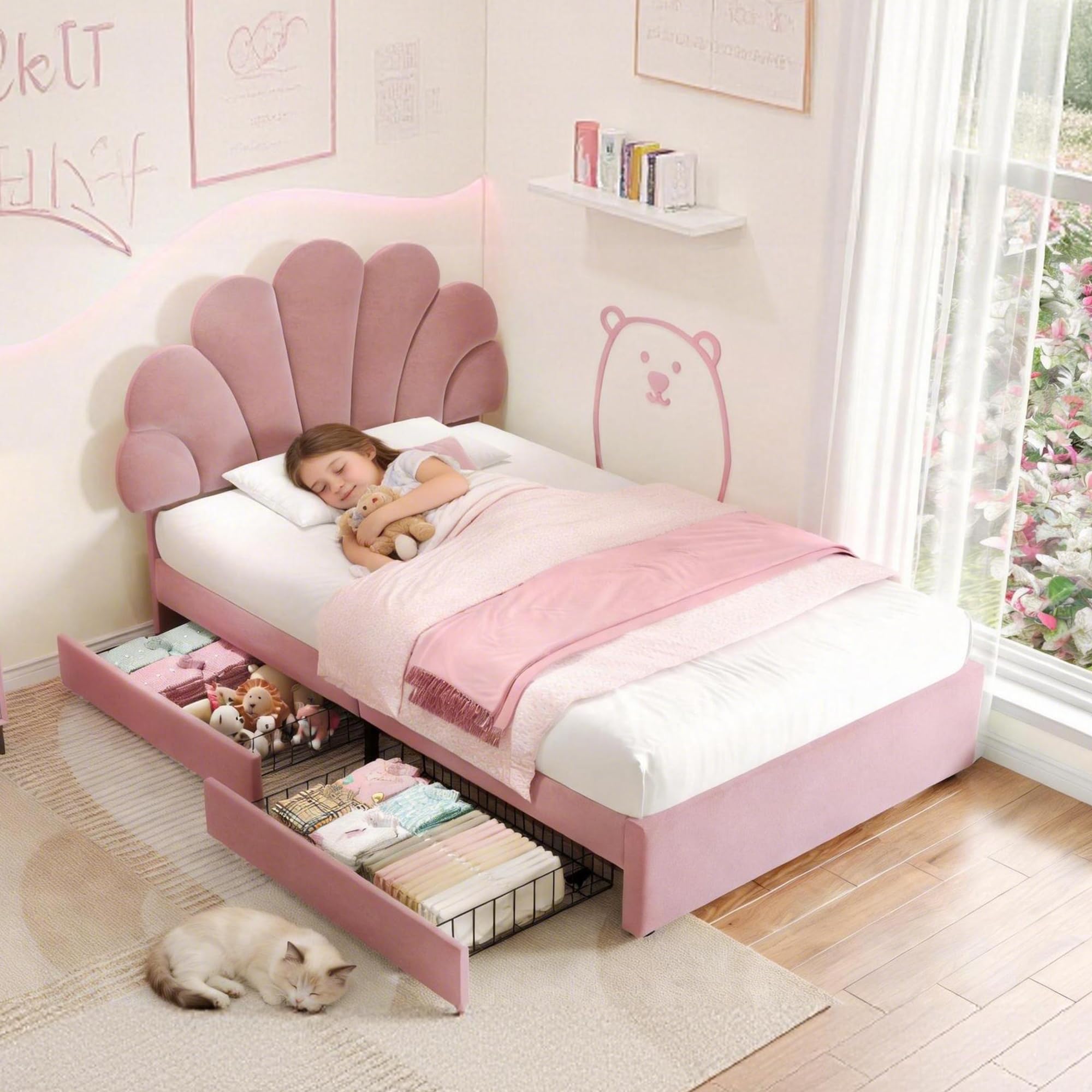 LANTRO JS Single Upholstered Pink Bed with 2 Storage Drawers, Metal and Wooden Bed Frame with Slats, Adjustable Chic Petal Headboard, No Mattress, Soft Velvet, 90 x 190cm