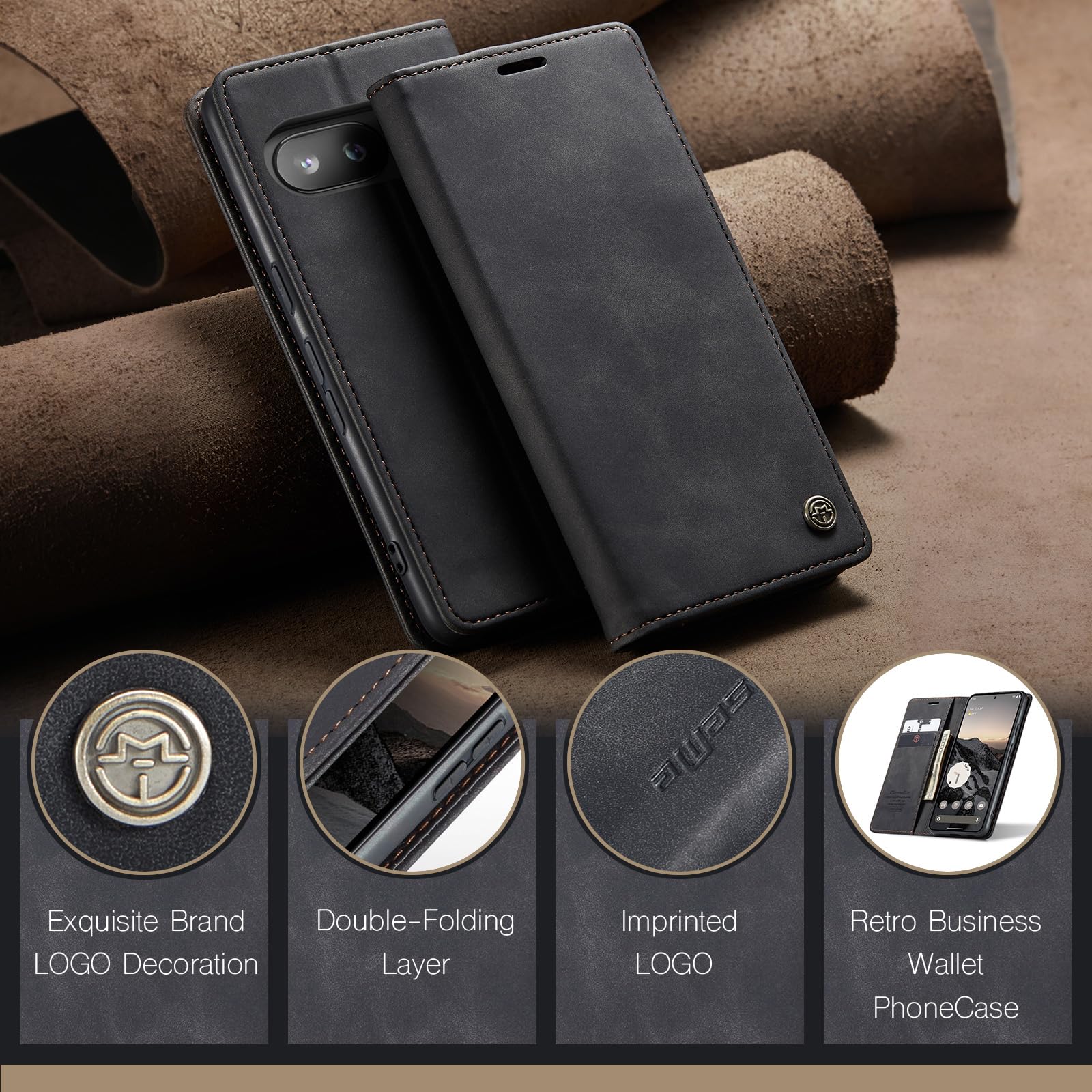 for Google Pixel 9a Case, Wallet Case Flip Leather with Card Holder Magnetic Closure Shockproof Kickstand Protective Phone Cases Cover for Pixel 9a, Black — view 8