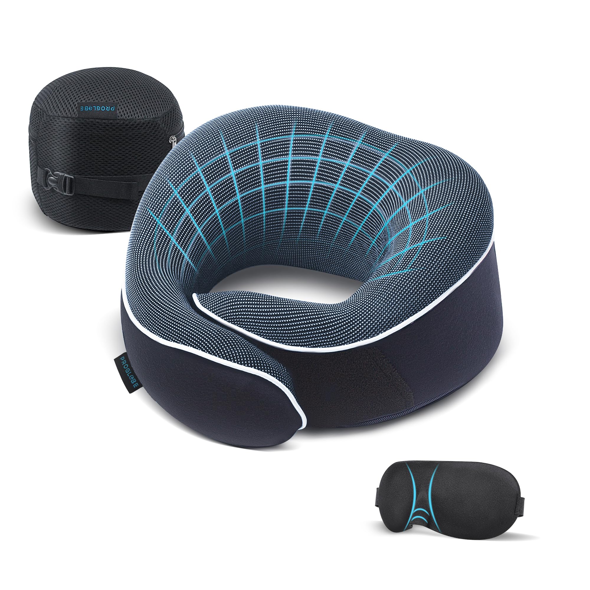 Proglobe Cuscino cervicale ortopedico da viaggio per aerei, kit in memory foam, materiale di riposo aggiornato, set da viaggio in aereo con maschere per gli occhi sagomate 3D e borsa, blu