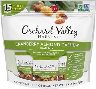 Orchard Valley Harvest Cranberry Almond Cashew Trail Mix, 1oz Packs (15 Count) - Non-GMO, No Artificials, Healthy Sweet-Salty Snacks