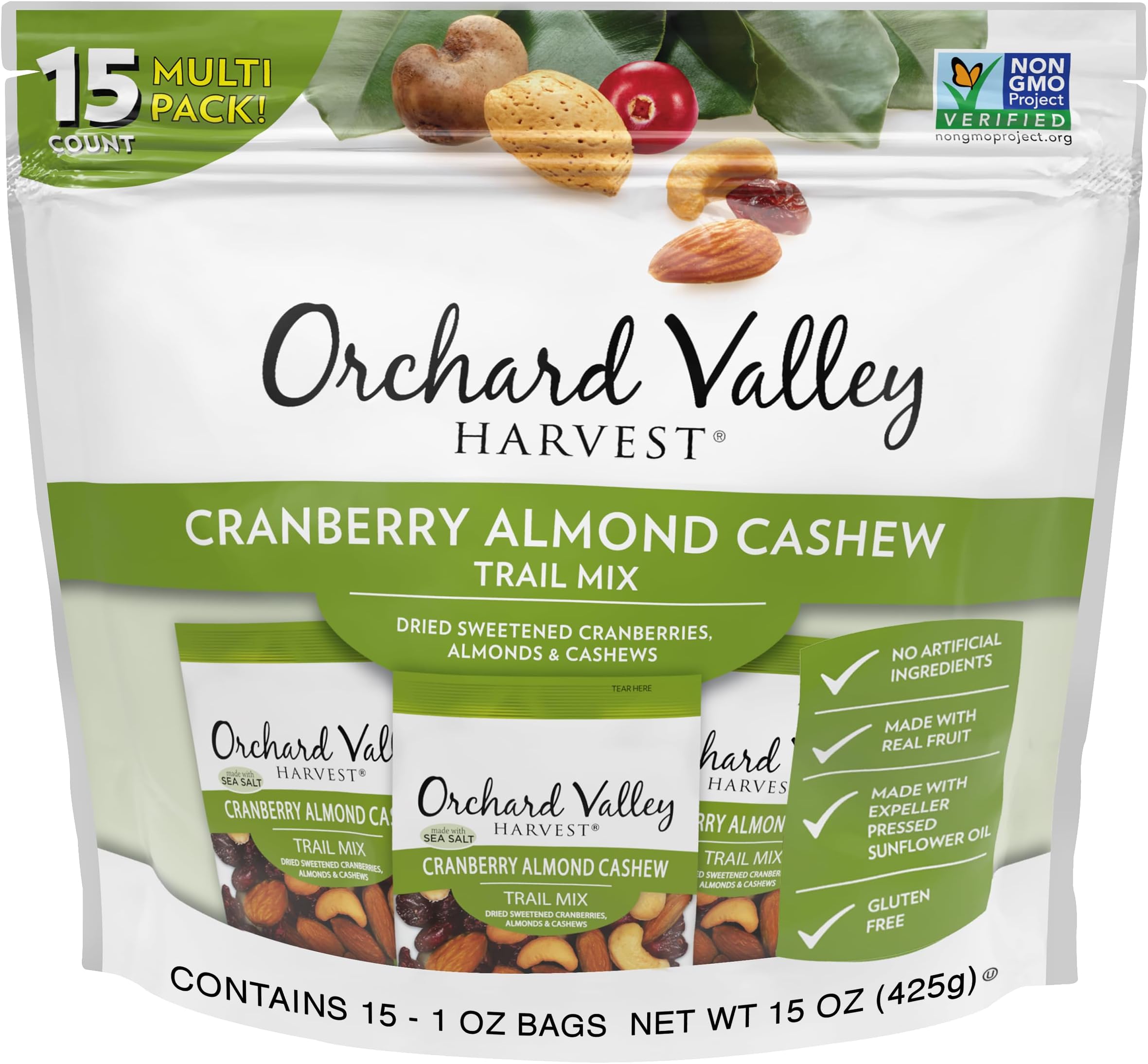 Cranberry Almond Cashew Trail Mix, 1 Ounce (Pack of 15), Cranberries, Almonds, Cashews, Trail Mix Individual Packs, Snacks for Adults, No Artificial Ingredients, Bulk Snacks, Healthy Snacks for Adults