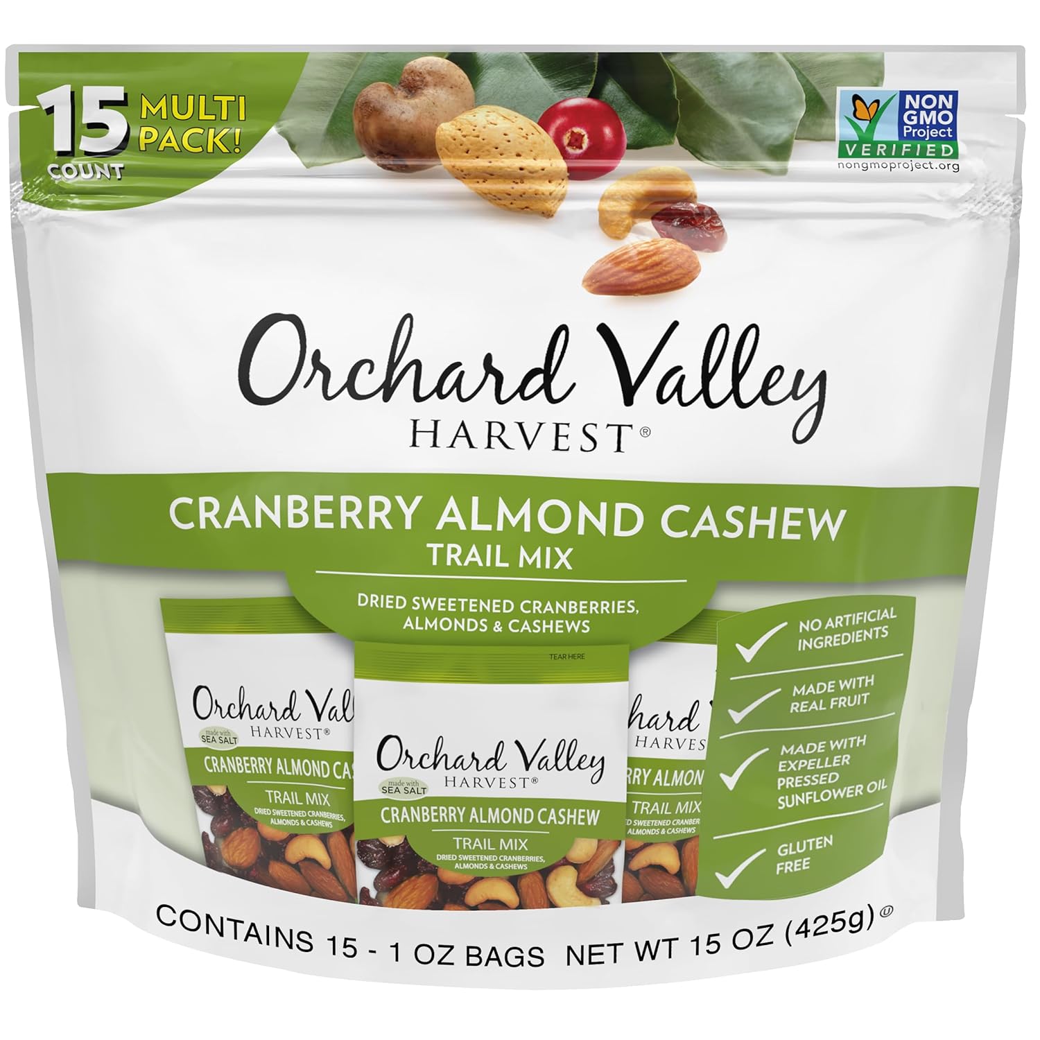 Orchard Valley Harvest Cranberry Almond Cashew Trail Mix, 1 Ounce (Pack of 15), Cranberries, Almonds, Cashews, Trail Mix Individual Packs, Snacks for Adults, No Artificial Ingredients, Bulk Snacks, He
