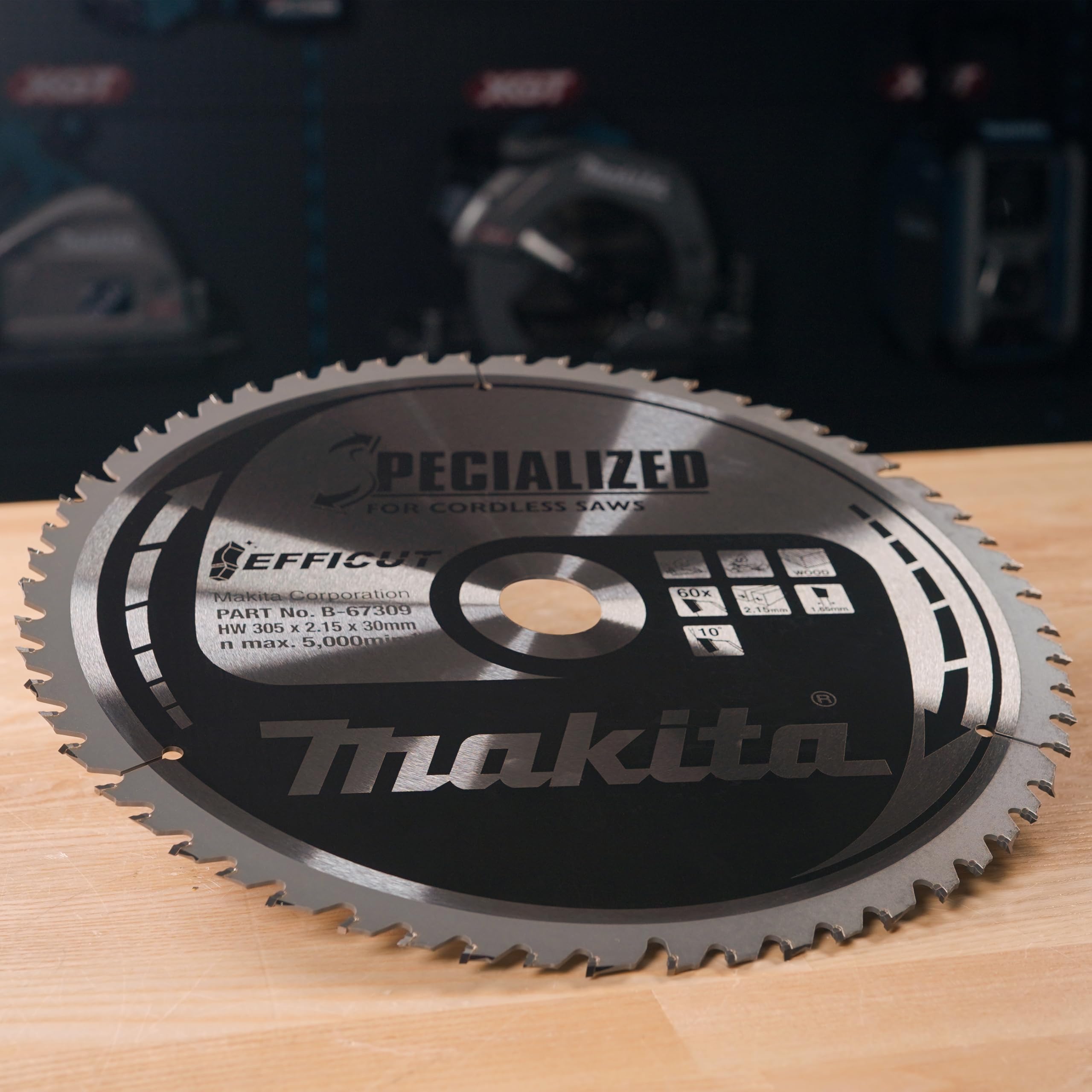 Makita B-67309 EFFICUT brzeszczot do piły tarczowej Ø 305 x 2,15 x 30 mm, 60 zębów, kąt zębów 10°, do czystych i szybkich cięć w drewnie, do akumulatorowych pił nasadowych i ukośnych
