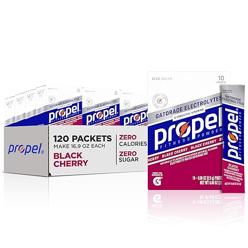 Propel - Bebida en polvo sabor a cereza negra con electrolitos, vitaminas y sin azúcar, paquete de 12 cajas de 10 sobres cada una (total 120