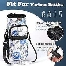 Nuovoware Water Bottle Carrier Bag, 25oz/32oz Bottle Pouch Holder, Adjustable Shoulder Hand Strap 2 Pocket Sling Neoprene Sleeve Sports Accessories for Hiking Travelling Camp, White+Blue