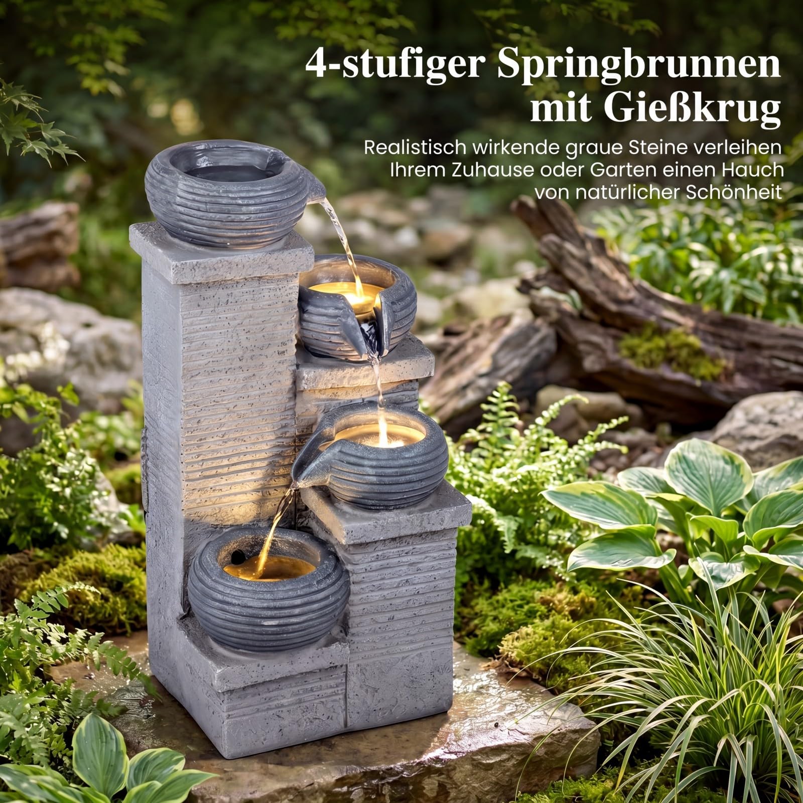 COSTWAY 4-stufiger Springbrunnen, Gartenbrunnen mit LED Beleuchtung & Pumpe, Kaskadenbrunnen Kunstharz, Steinoptik, Zimmerbrunnen draußen, Wasserfall Brunnen Garten, 28 x 22 x 58 cm