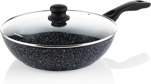 Westinghouse Wok Non Stick - Ø 30cm Induction Wok Pan with Lid - Black Marble