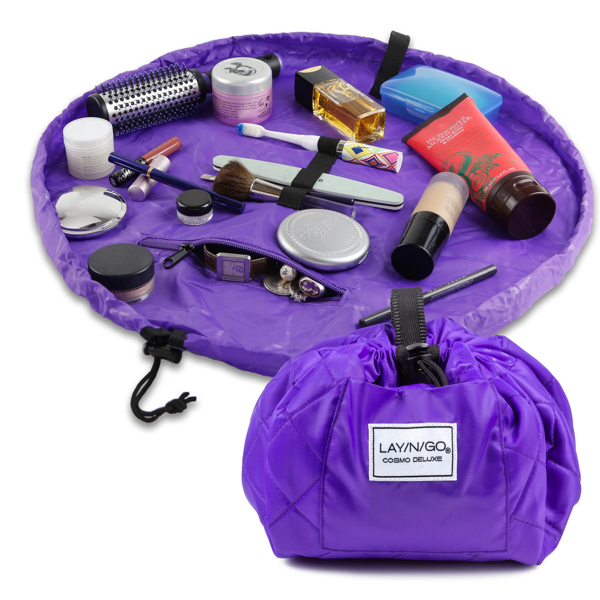 Lay-n-Go Cosmo Layflat Drawstring Cosmetic & Makeup Bag Organizer w/Zipper Pocket, Brush Loops & More, Cinch to Close, Lay Flat to Use, Durable, Machine Wash, Travel Toiletry Bag (22", Purple)