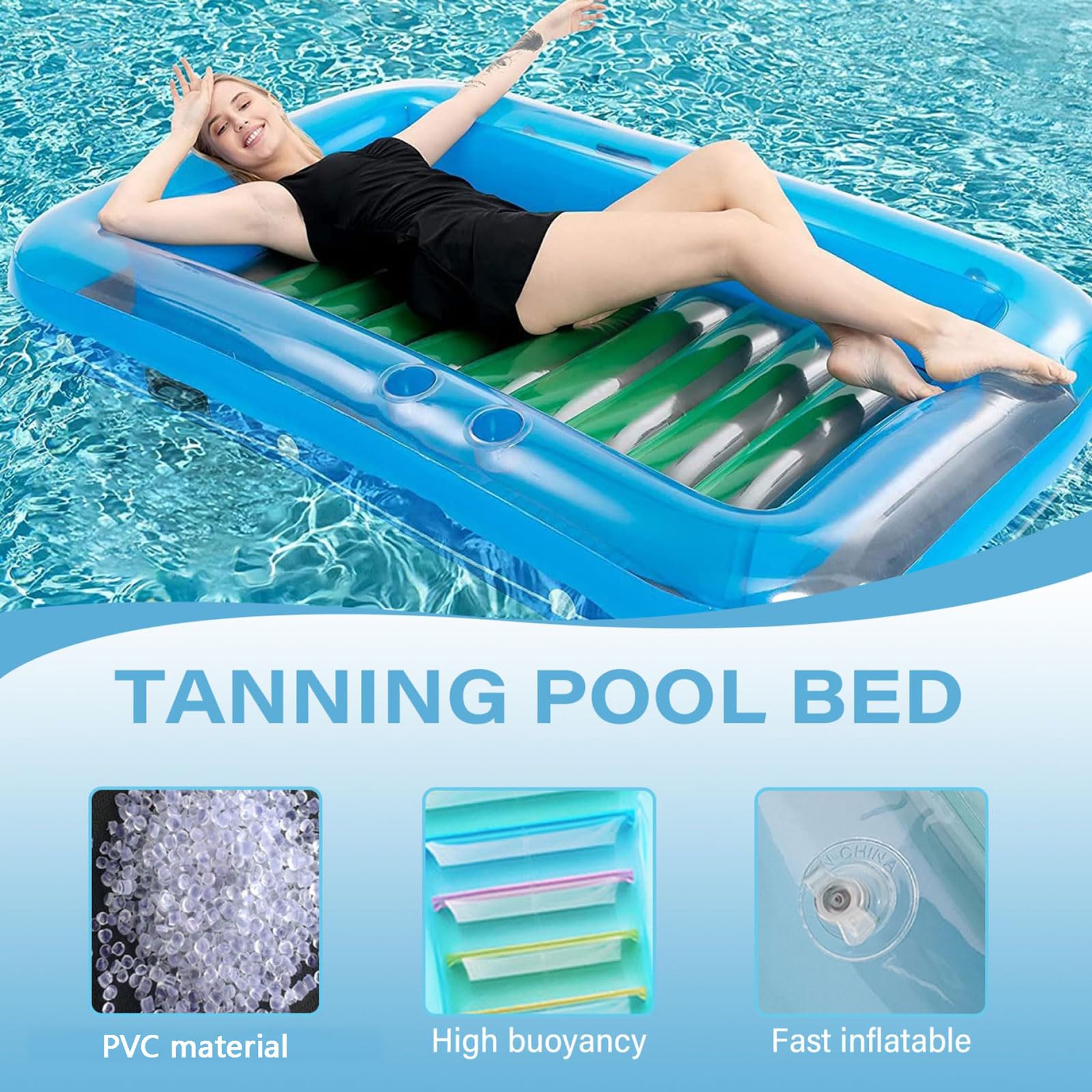 Gonfiabile Amaca Galleggiante,Letto abbronzante con Cuscino,rettangolo 69x43x8 Pollici in PVC Gonfiabile da Sole con portabicchieri,per Adulti per Bambini per Piscina sulla Spiaggia