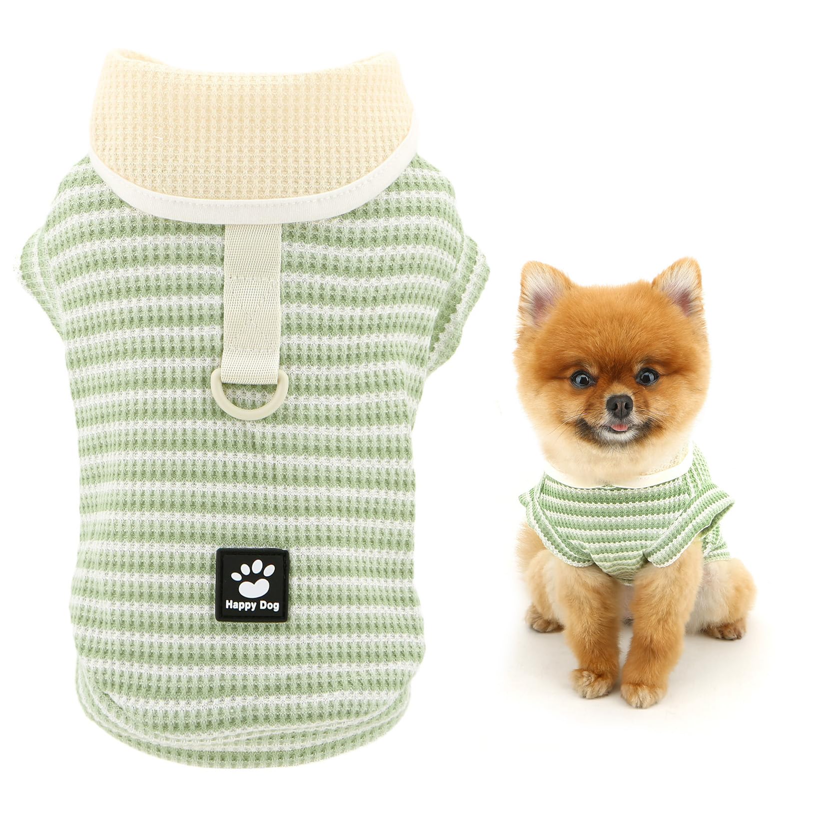 SMALLLEE_LUCKY_STORE Knitted Waffle Dog T-Shirt for Xsmall Small Dog Striped Pet Pullover with D-ring Puppy Vest Stretchable Spring Summer Shirt Chihuahua Yorkie Cat Clothes, Green, S