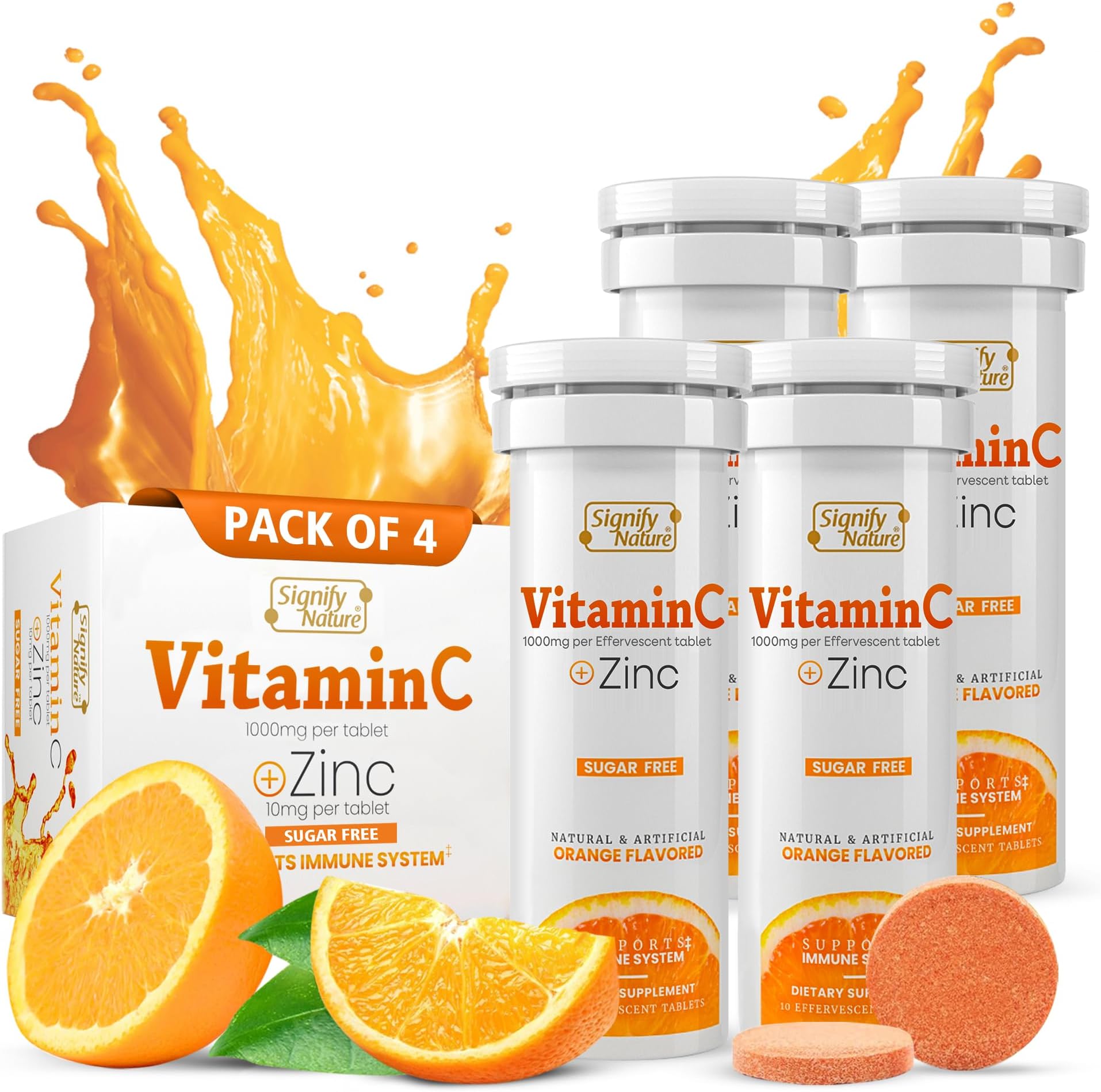 - SIGNIFY NATURE Vitamin C 1000mg Effervescent Tablets - Potent Immune Support VIT C with Zinc Supplement - Sugar-Free & Vegan Formula | Dissolvable Vitamin C Tablets - Water Soluble Fizzy Elixir - 40CT