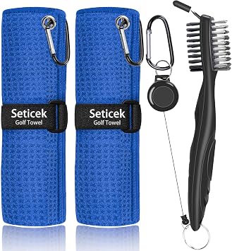 Seticek 2 Pack Golf Towel 16" X 16" with Club Brush, Microfiber Waffle Pattern Towels for Golf Bags for Men,Essential Golf Combo Cleaning Kit Blue