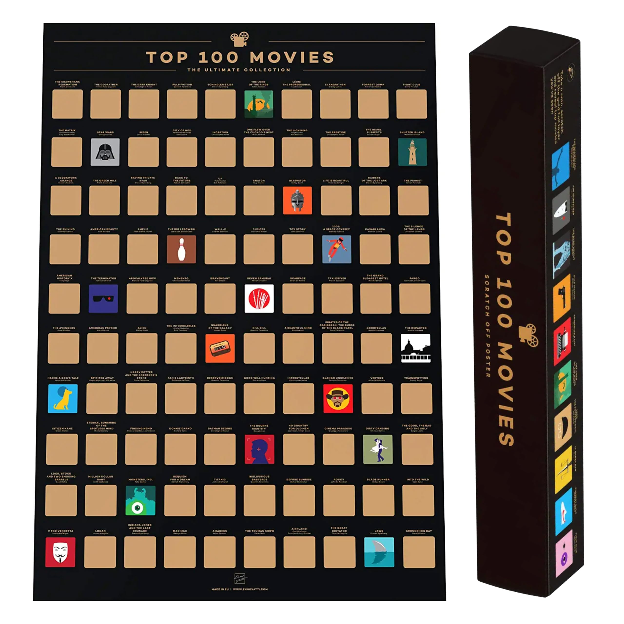Enno Vatti |100 Movies Scratch Off Poster - Top Films of All Time Bucket List (42 x 59.4 cm) - Cinematic Journey Quest - Exceptional Gift for Movie Lovers - Ideal for Christmas and Easter Surprises