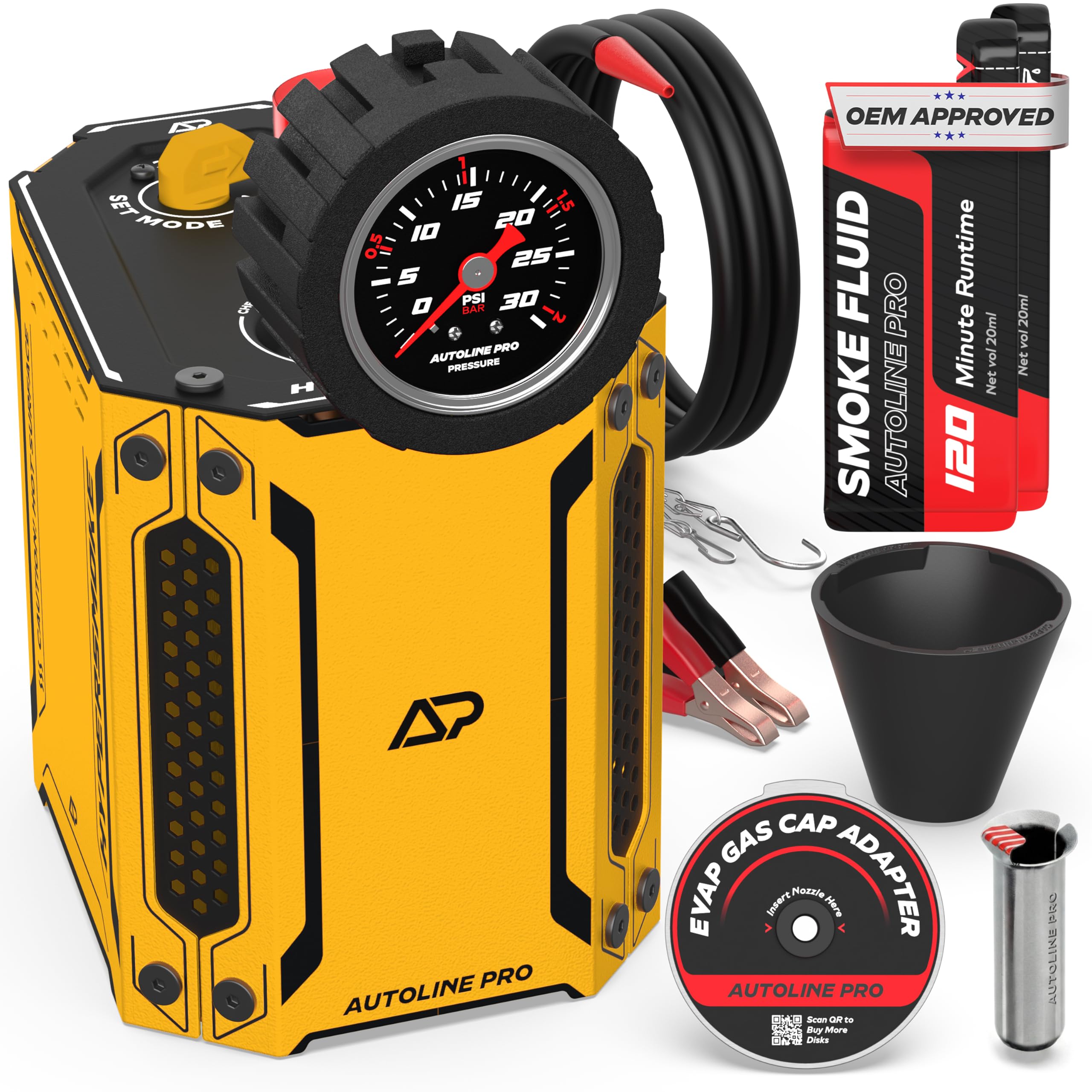 AutoLine Pro HyperSmoke™ Automotive Smoke Machine EVAP Vacuum Leak Tester | Pro Vers. w/Gauge | Adjustable Pressure - OEM Approved Smoke Fluid - Built-in Air Motor - Cone and EVAP Gas Cap Adapter
