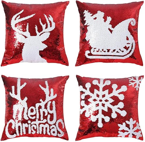 Coeufuedy Fundas de almohada de lentejuelas navideñas de 18 x 18 pulgadas, reversible, con lentejuelas rojas, funda de almohada decorativa de sirena