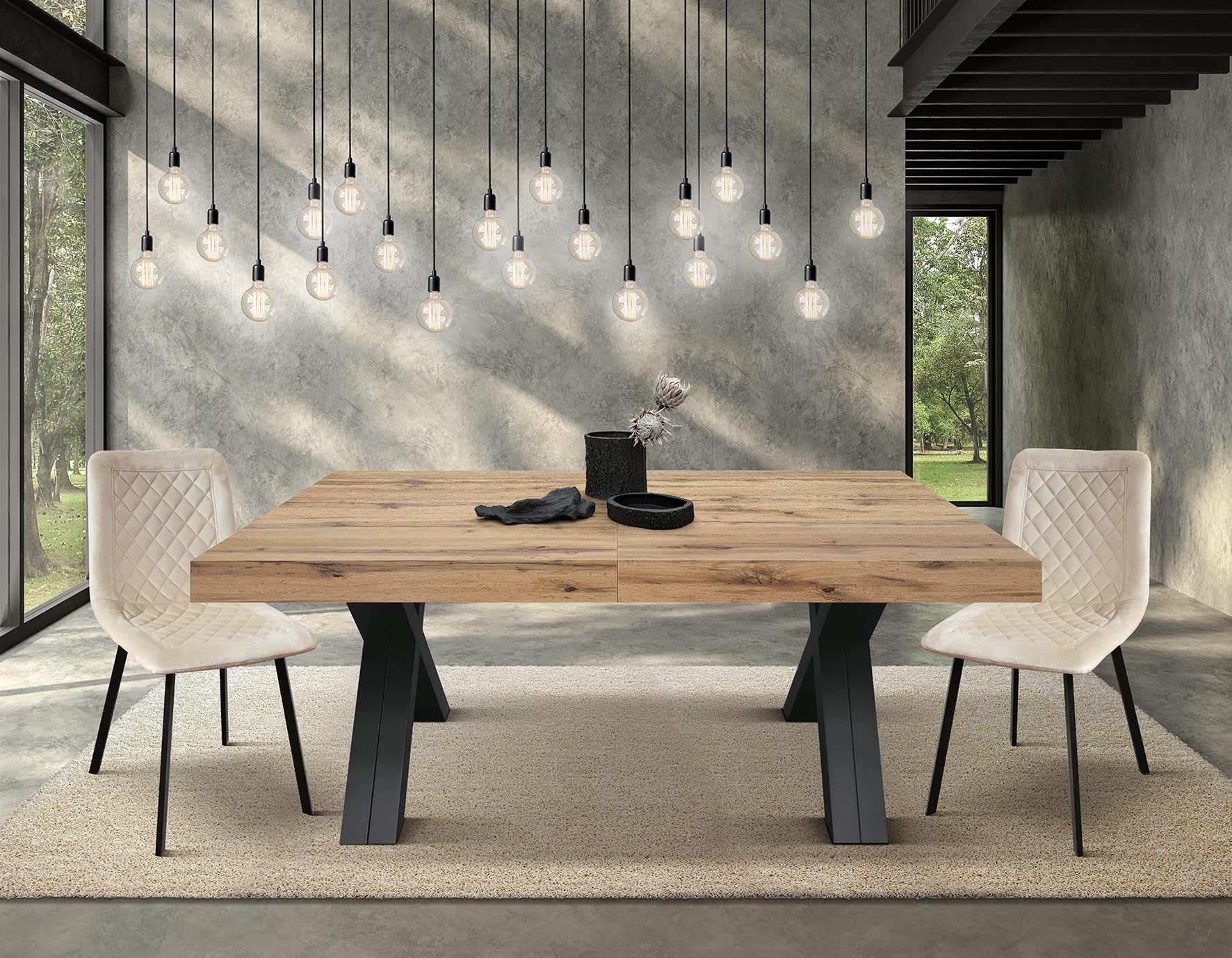 PAZZO DESIGN Table Extensible Roberta, chêne Rustique, mélaminé, Pieds en MDF Noirs en X, de 180 à 480 cm, fabriqué en Italie - id_2005