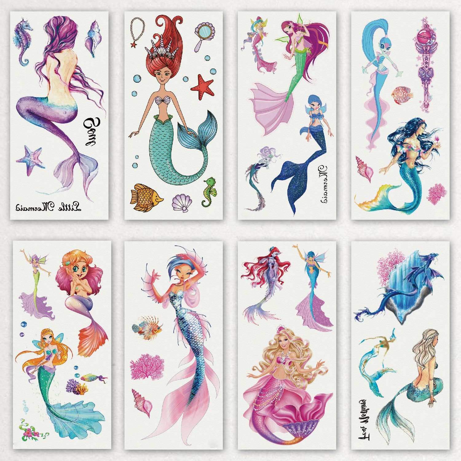 Mermaid Temporary Tattoos, Large Women Girls Fake Tattoo Stickers, Waterproof Big Mermaid Tattoos for Kids Party Favor, 8-Sheet