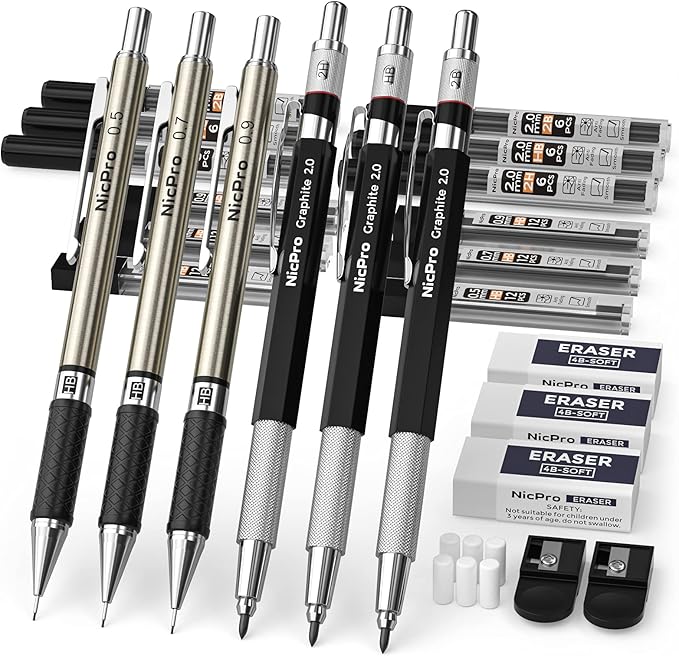 Nicpro 6PCS Mechanical Pencils Set, 3 PCS 2mm Lead Holder (2B HB 2H