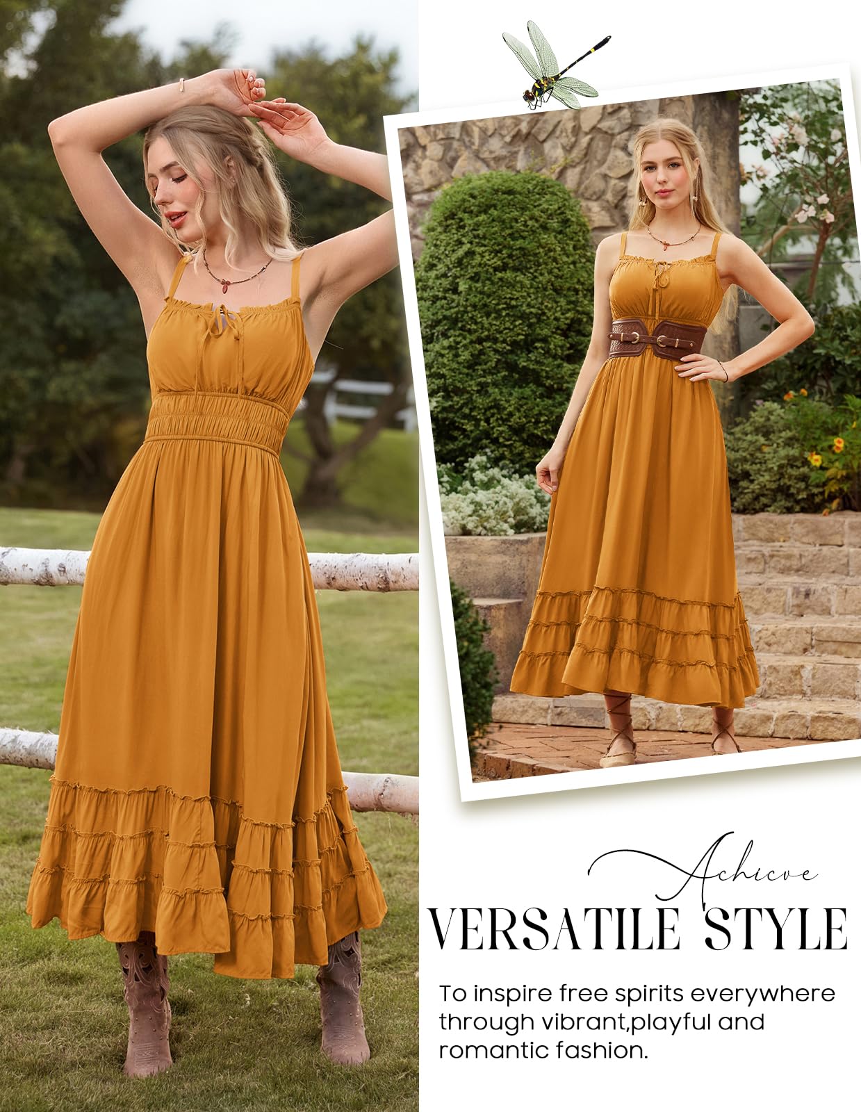 SCARLET DARKNESS Abito estivo da donna, stile boho, maxi prendisole fluido, linea ad A, elastico in vita, con spalline sottili, casual, da spiaggia