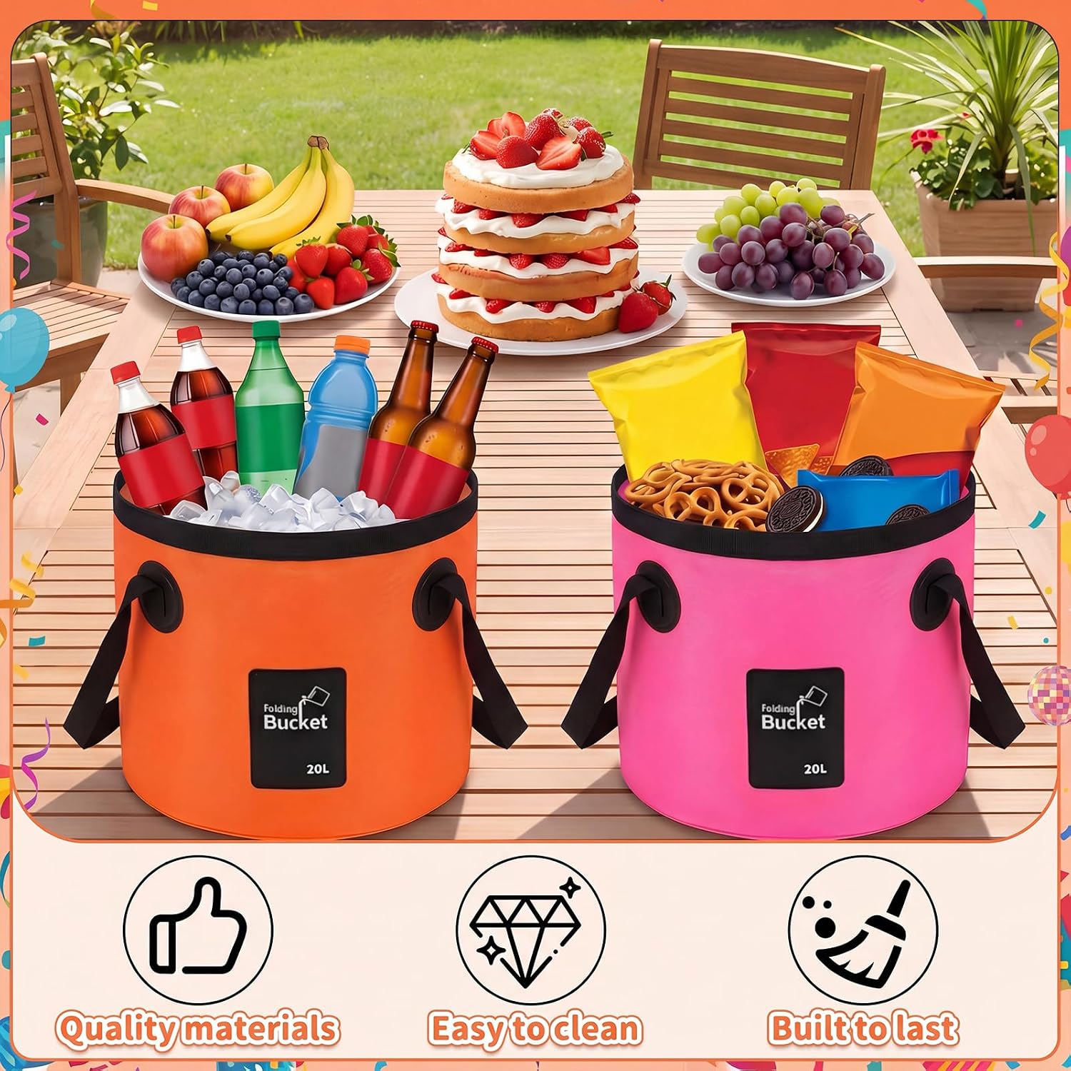 meekoo 10 Pcs Ice Collapsible Buckets Bulk, 20L Beer Ice Bucket for Summer Parties 5 Gallon Collapsible Drinks Beverage Tub with Handle for Camping BBQ Picnic Outdoor, 5 Colors Assorted