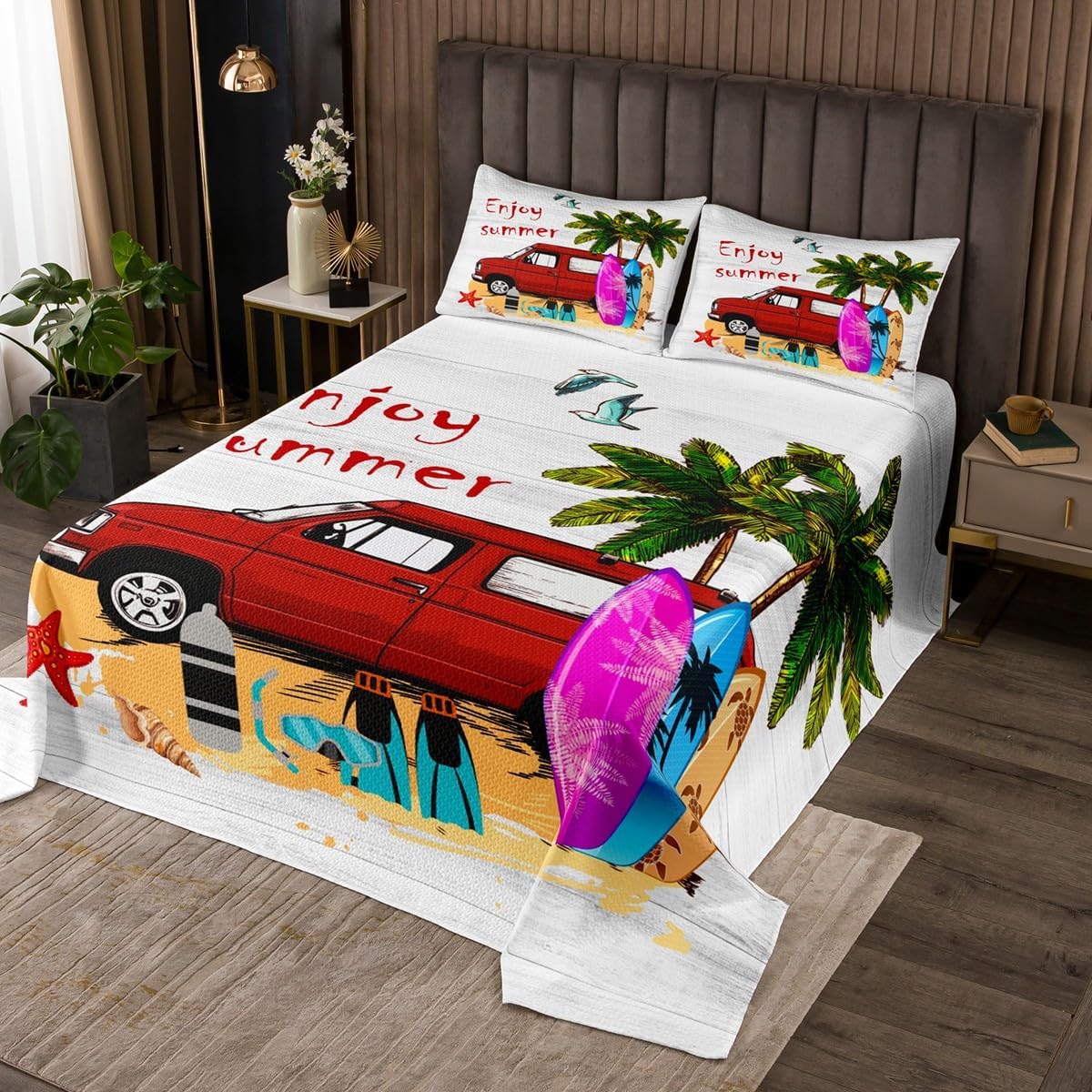 Beach Coastal Surfboard Quilt Bedding Set Queen Size,Seaside Surfing Sports Games Bedspread Coverlet for Girls Teens,Summer Holiday Blue Wooden Board Soft Polyester Quilt Set, All Season