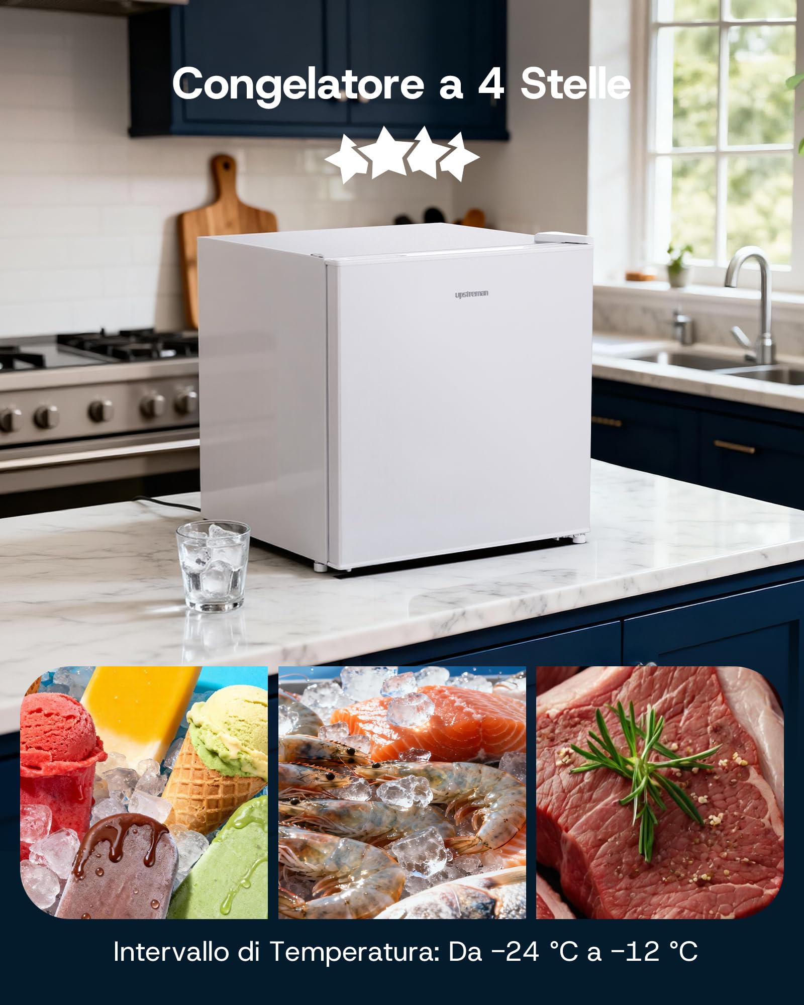 Upstreman 35L Mini Congelatore Compatto, 4 Stelle Congelatore Piccolo -24℃,Porta Reversibile,Silencieux,Risparmio Energetico,Mini Freezer per Camera,Ufficio,Hotel,Bianco,UF35