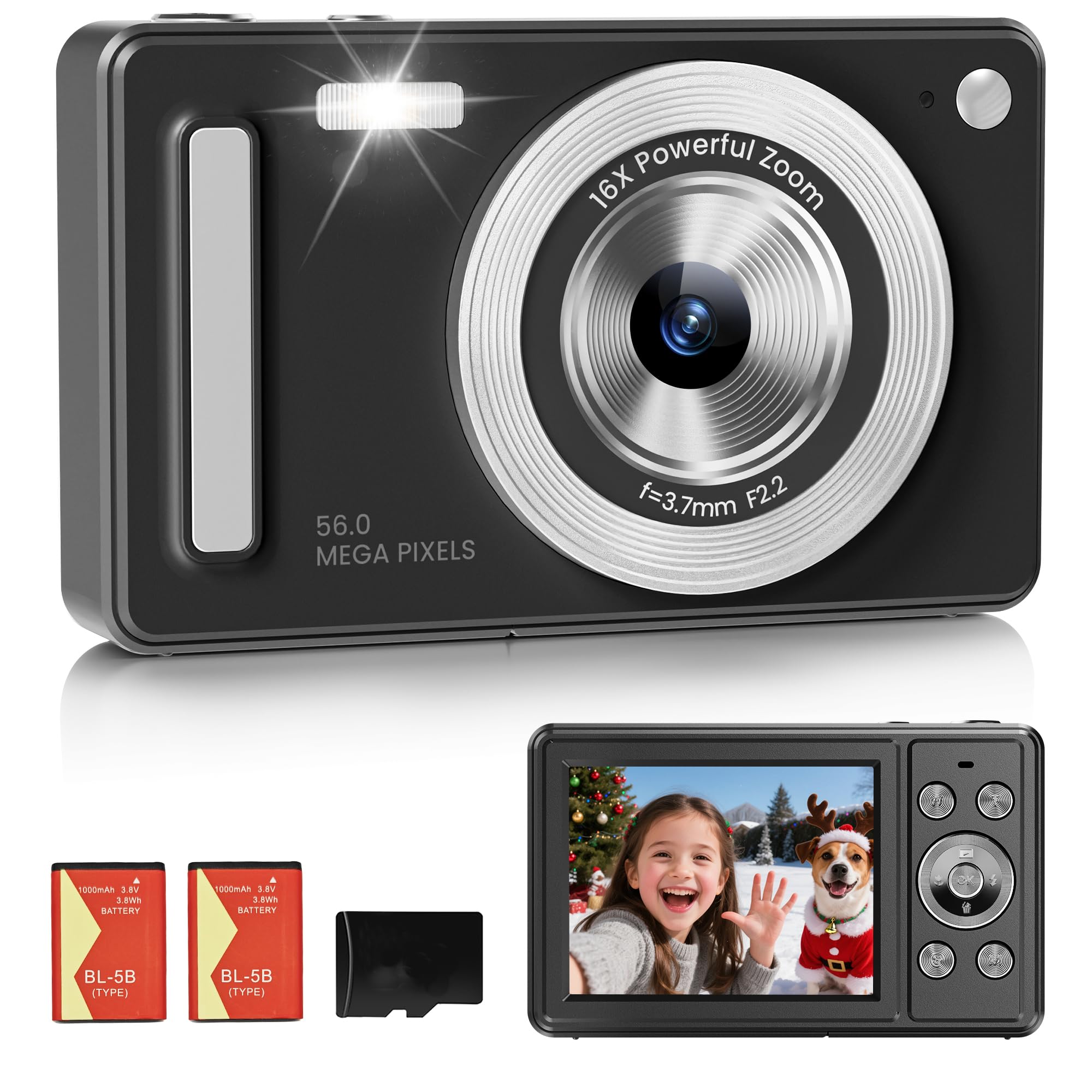 Digital Camera, FHD 1080P Point and Shoot Camera, 32GB SD Card, 2 Batteries