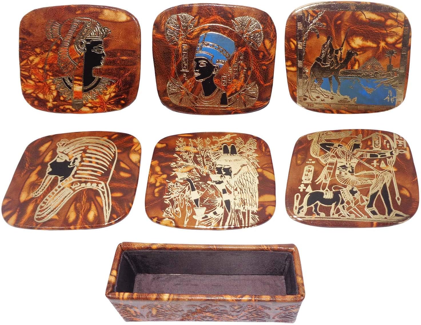Egyptian Coffee Table Coasters Set Genuine Leather with Holder Handcrafted Coaster King TUT Queen Nefertiti Cleopatra Pyramids Camel Handcrafted Handmade Egypt Ancient Pharaohs Souvenir Hieroglyphics