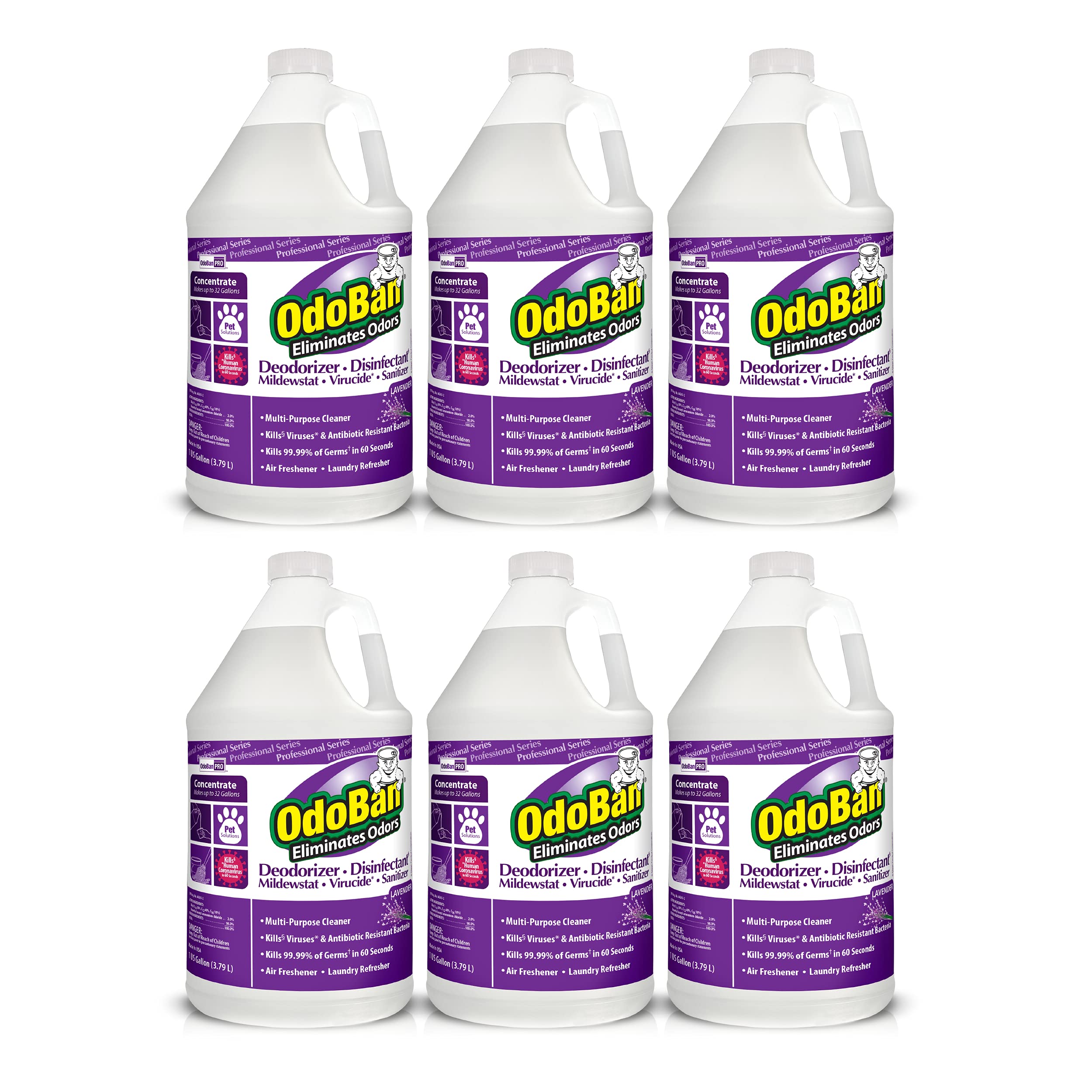 OdoBan Professional Disinfectant and smell Eliminator Concentrate, 6-Pack, 1 Gallon Each, Lavender Scent